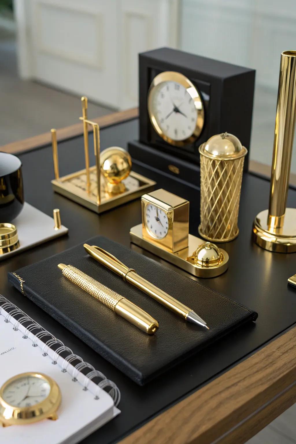 Gilded desk details introduce sophistication and functionality to your workspace.