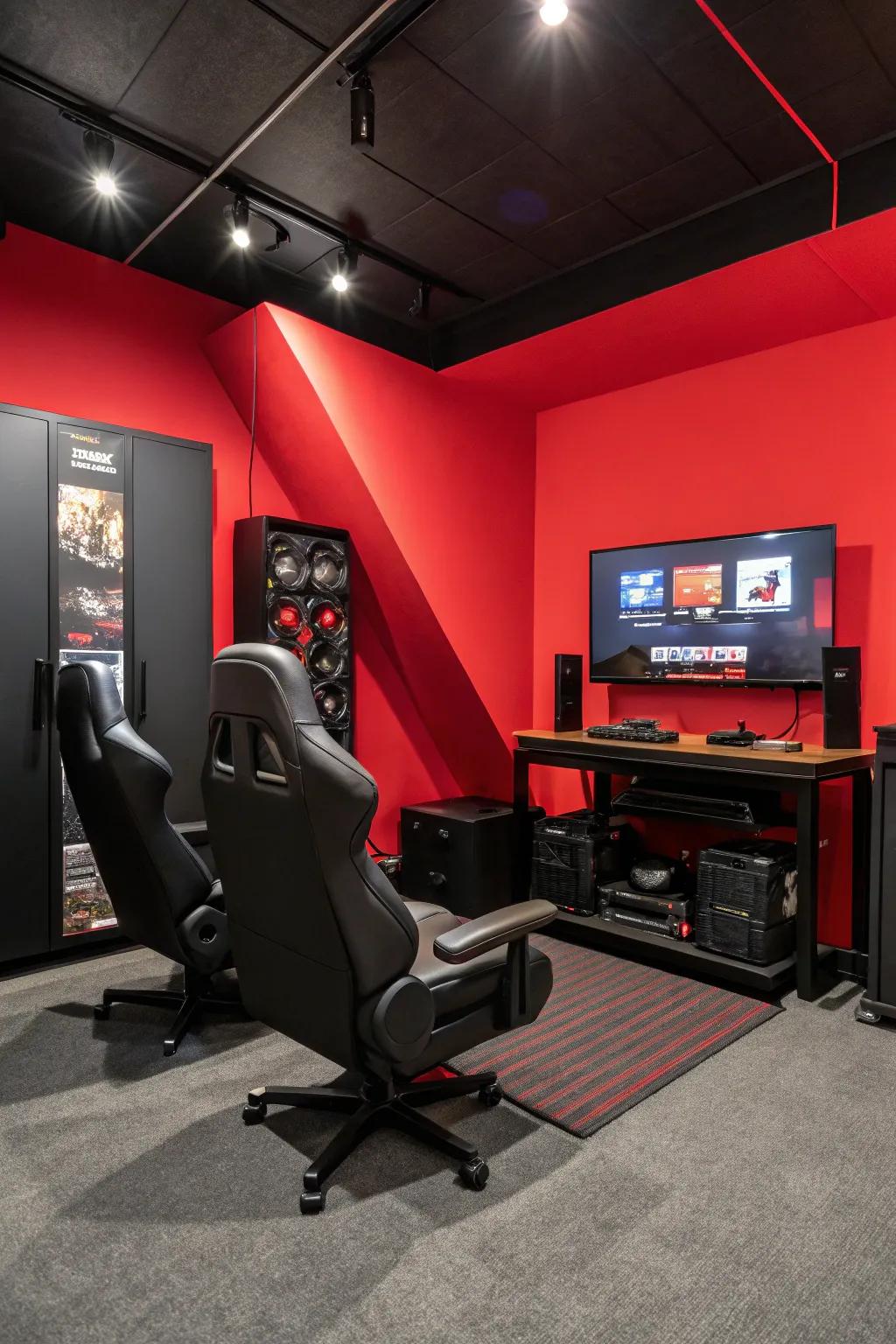 A bold red highlight wall introduces depth and contrast to a black gaming room.