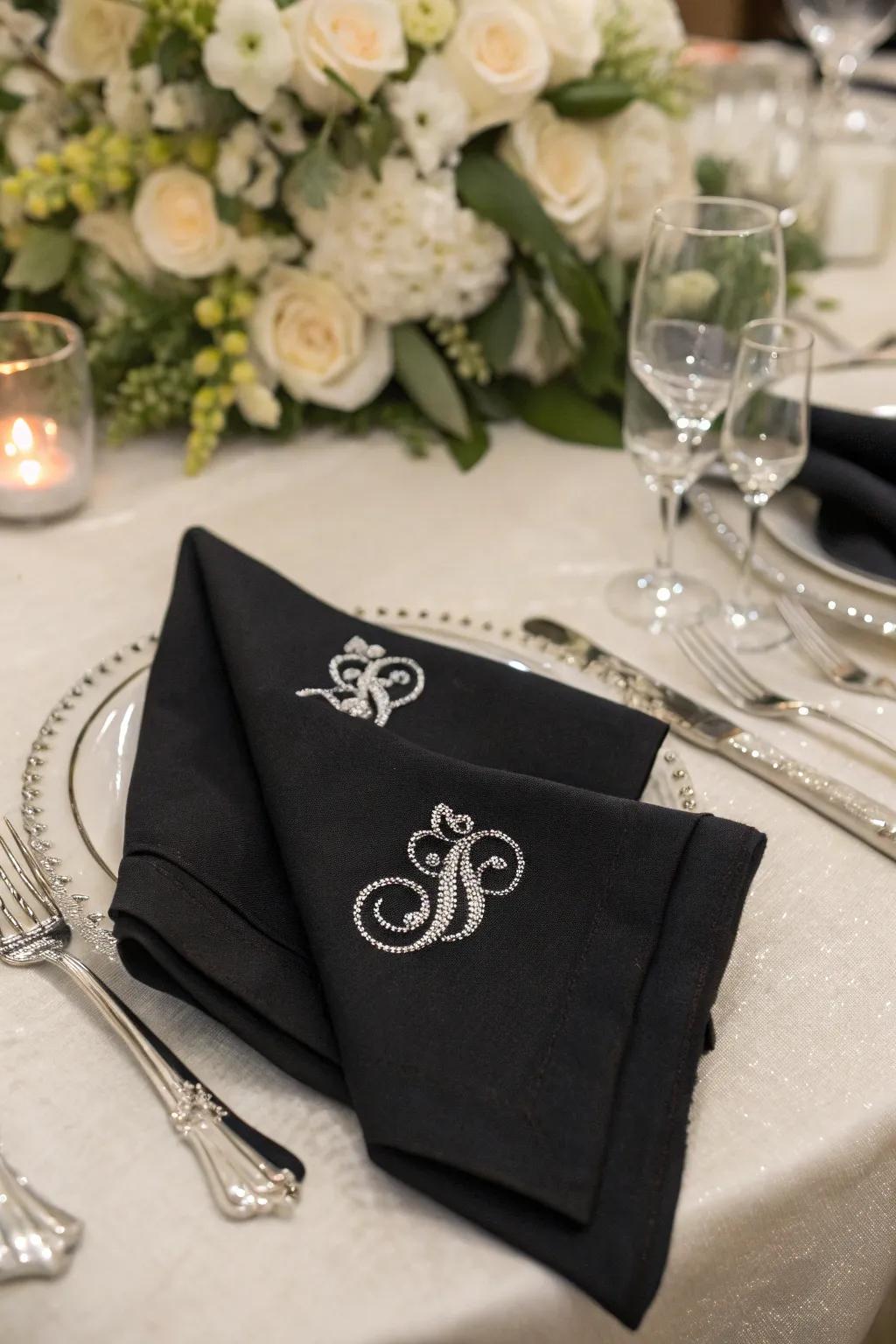 Personalized slate table linens with chrome monogram.