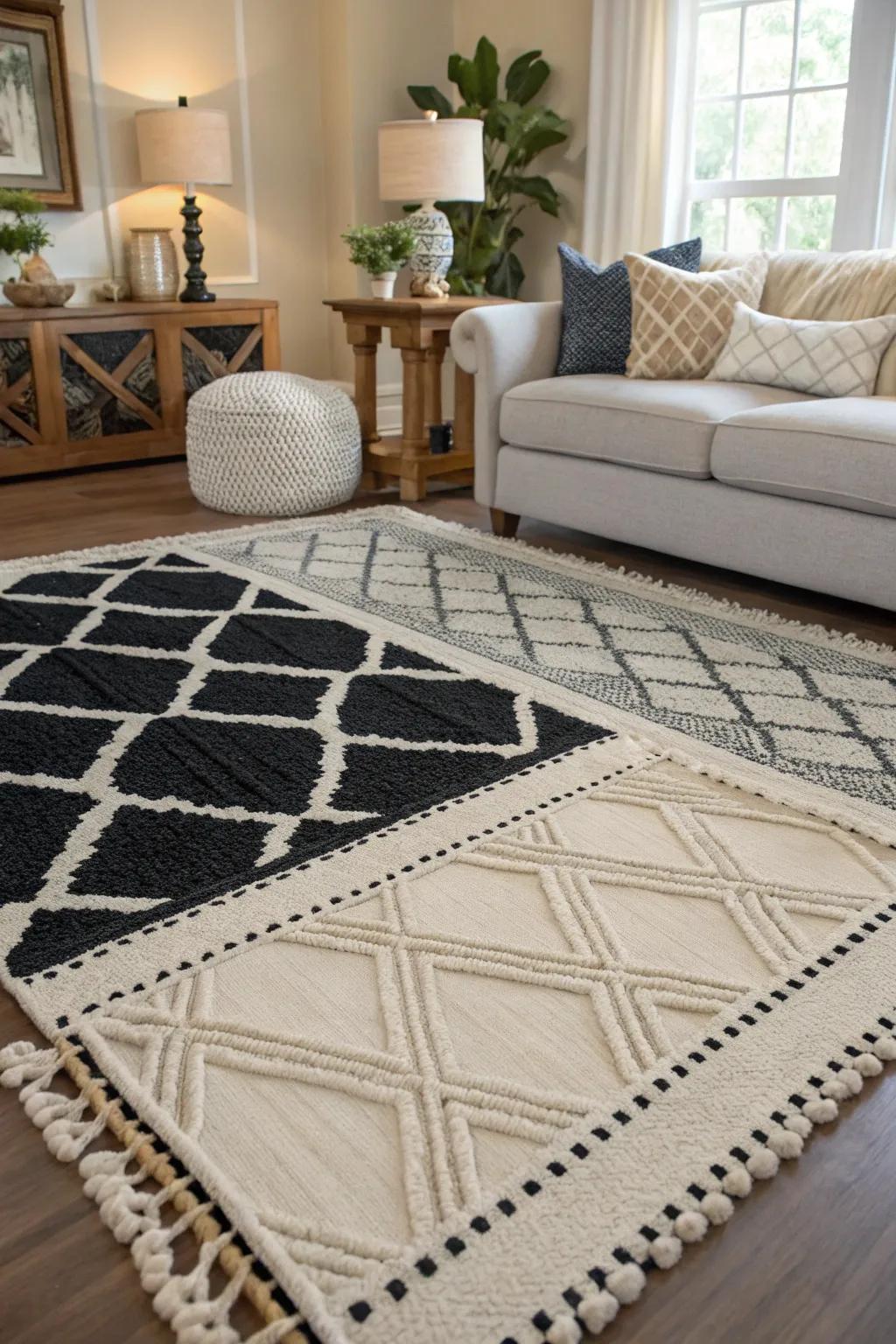 Layered dark and pale floor coverings adding dimension to the living space.