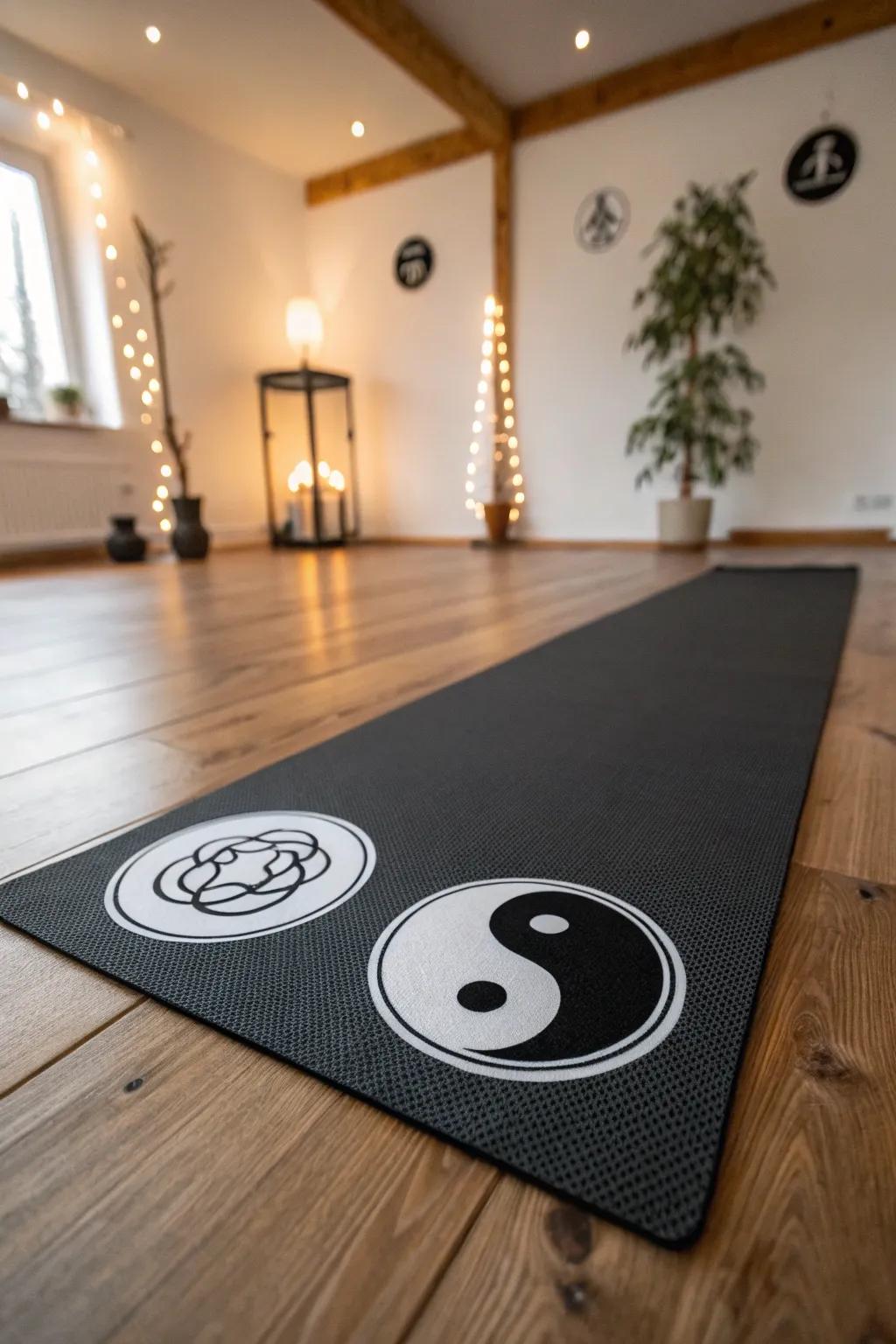 Equilibrium decals improving a tranquil yoga area.