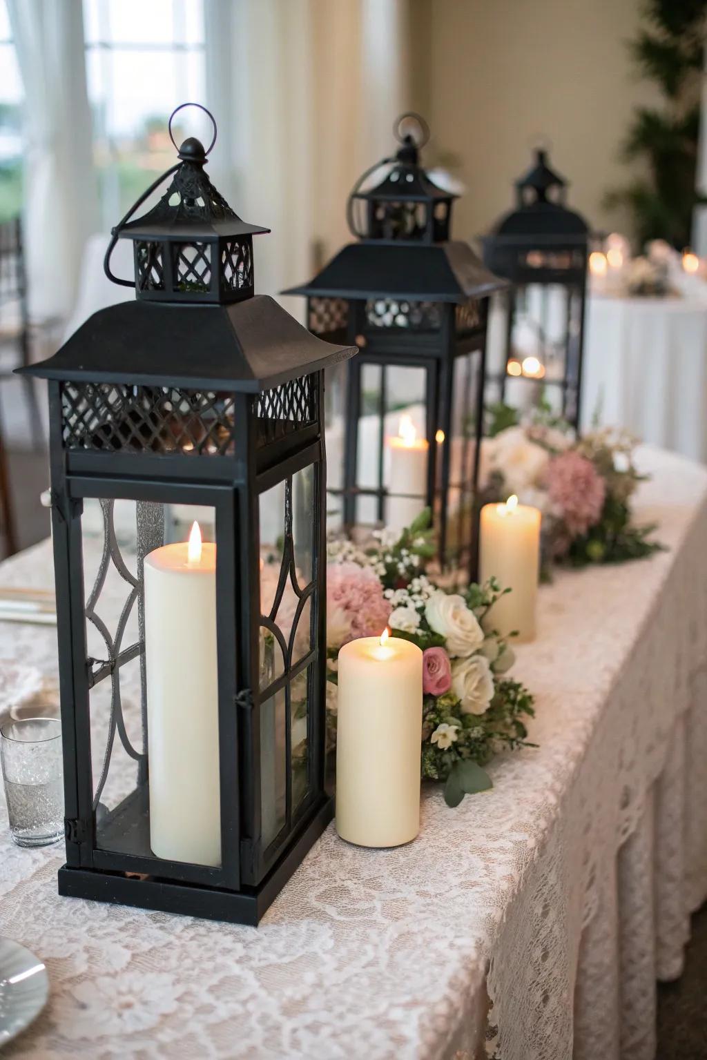 Dark-colored lanterns with bright candles create a warm, inviting ambiance.