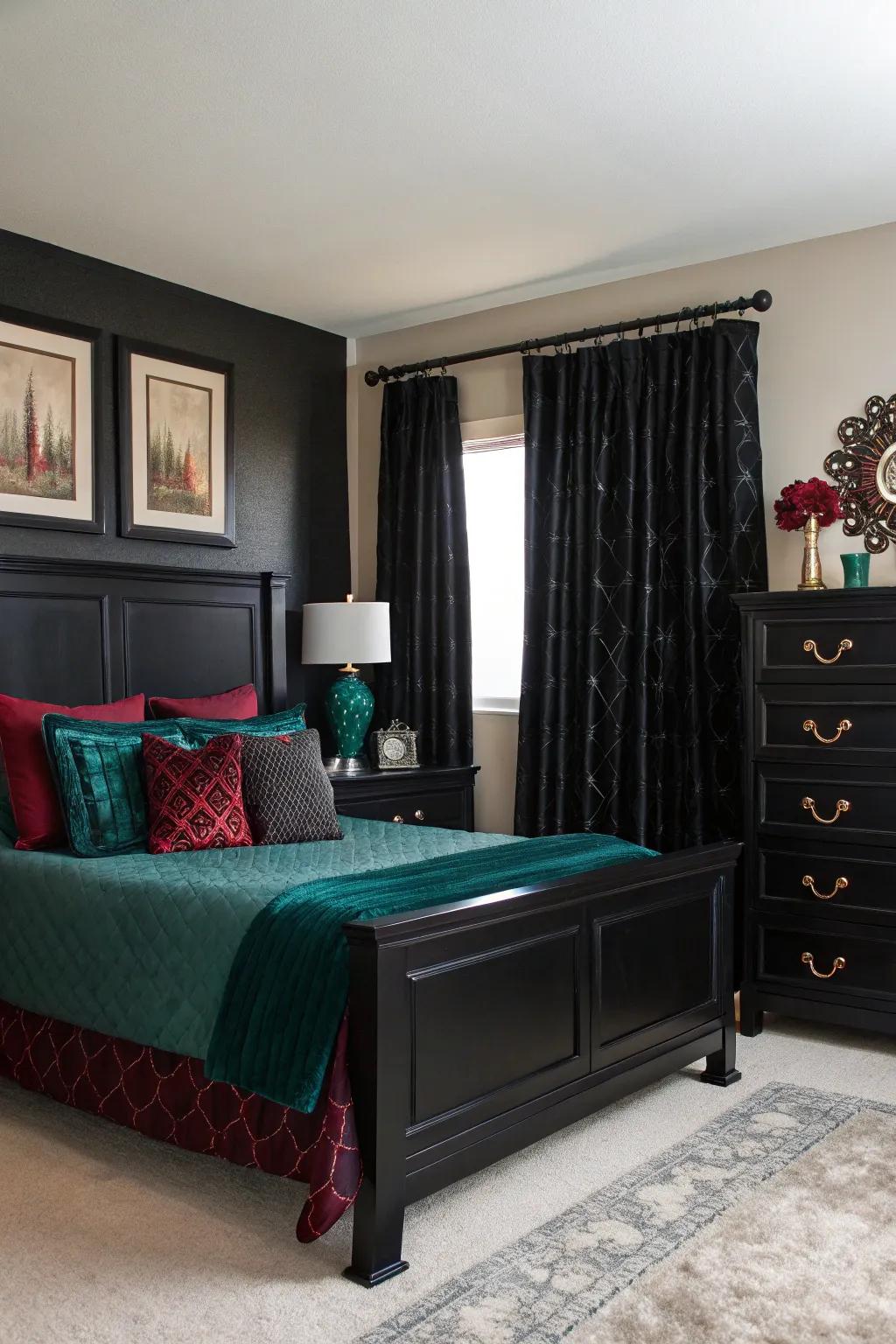 Rich jewel tone details add a touch of luxury to this bedroom.
