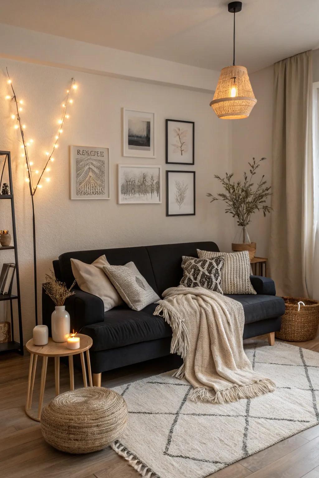 A black couch highlighting Scandinavian simplicity.