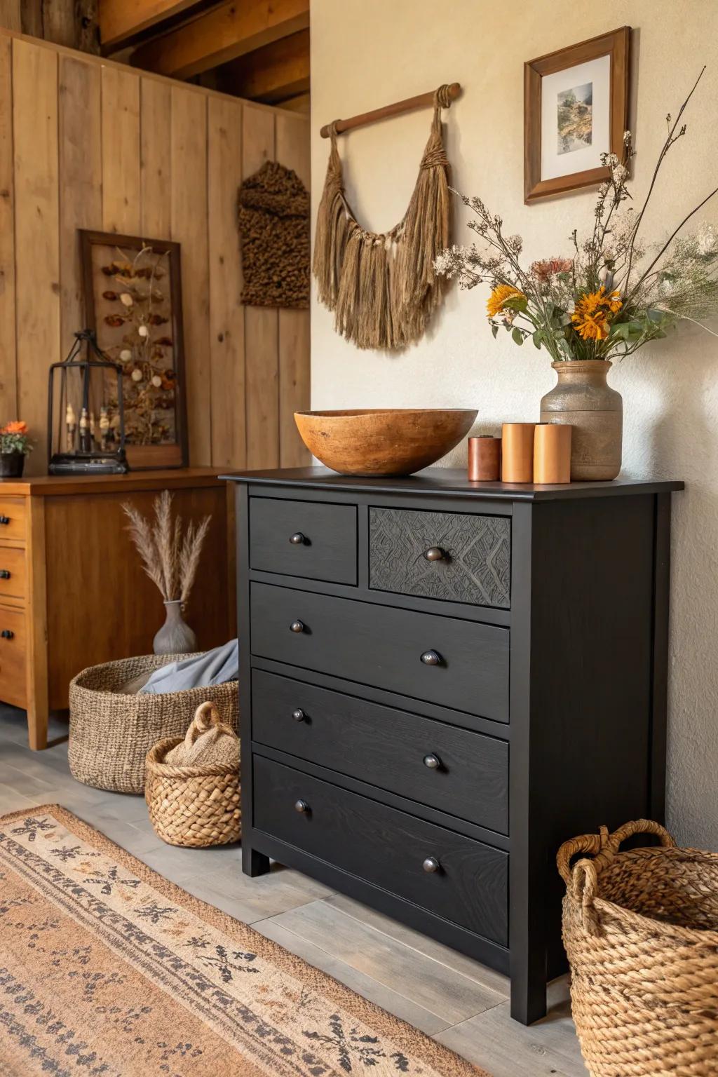 A rustic and elegant dark stained dresser arrangement with wood elements.