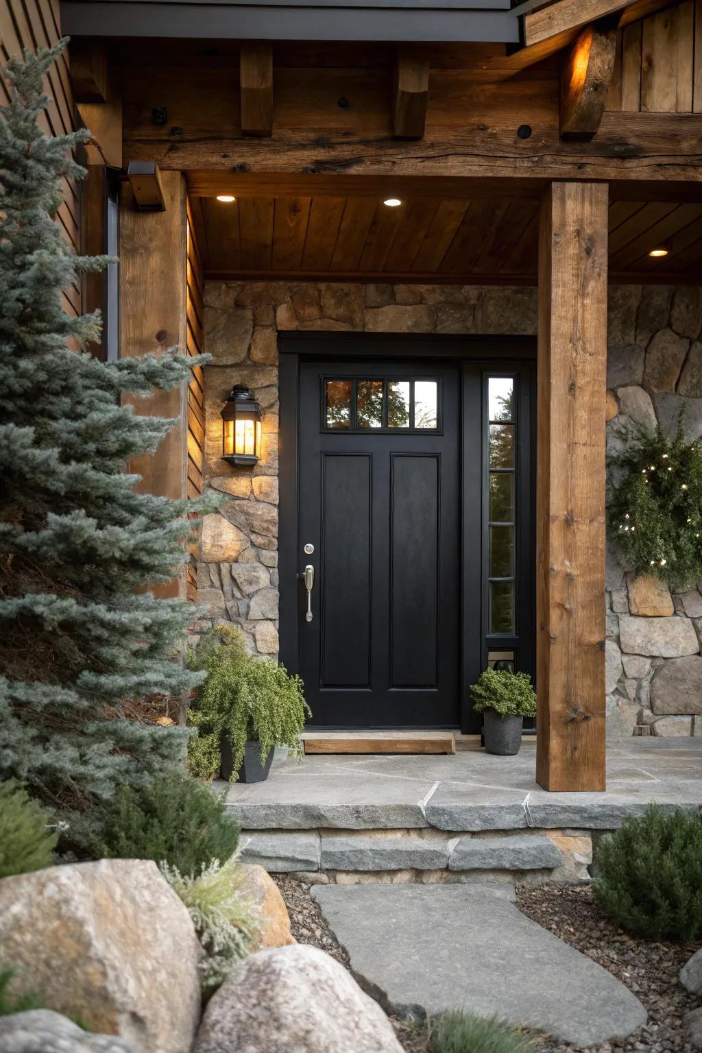 A dark-toned entrance harmoniously integrated with natural materials.