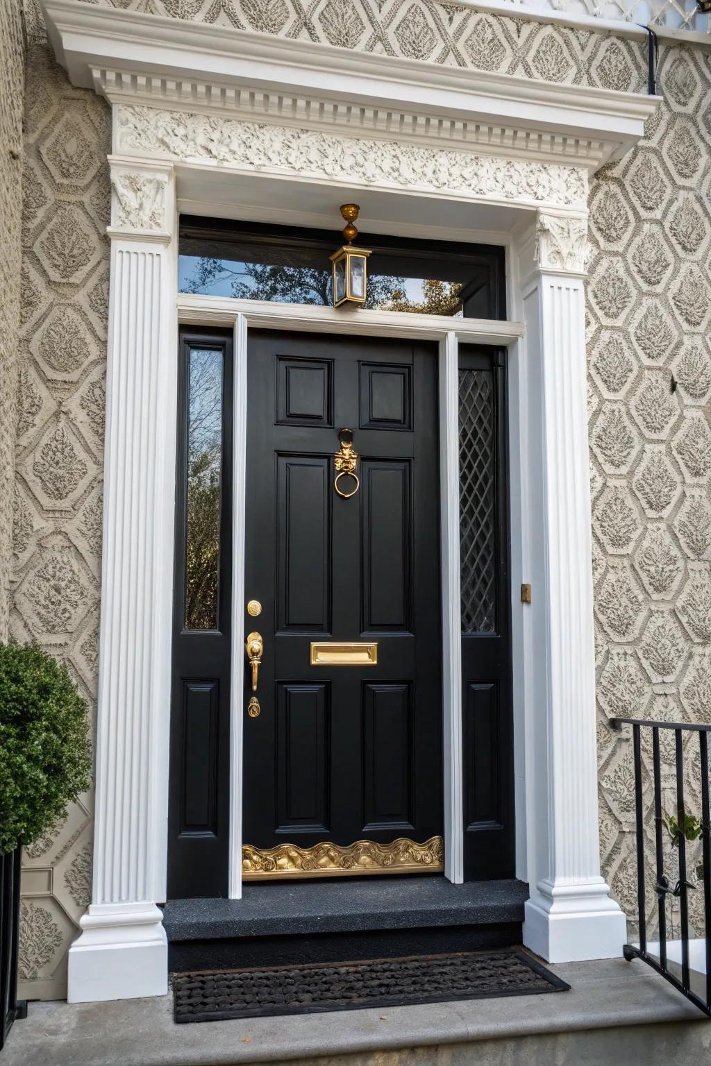 Large brass hardware adds a hint of luxury to a black door with white trim.