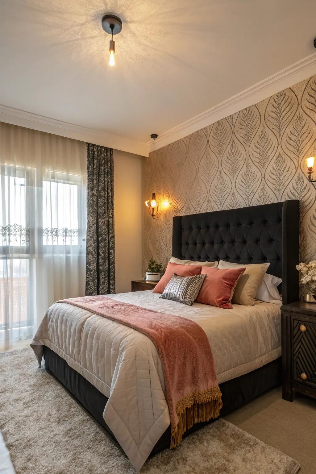 Dramatic bedroom featuring a dark headboard and accent wall