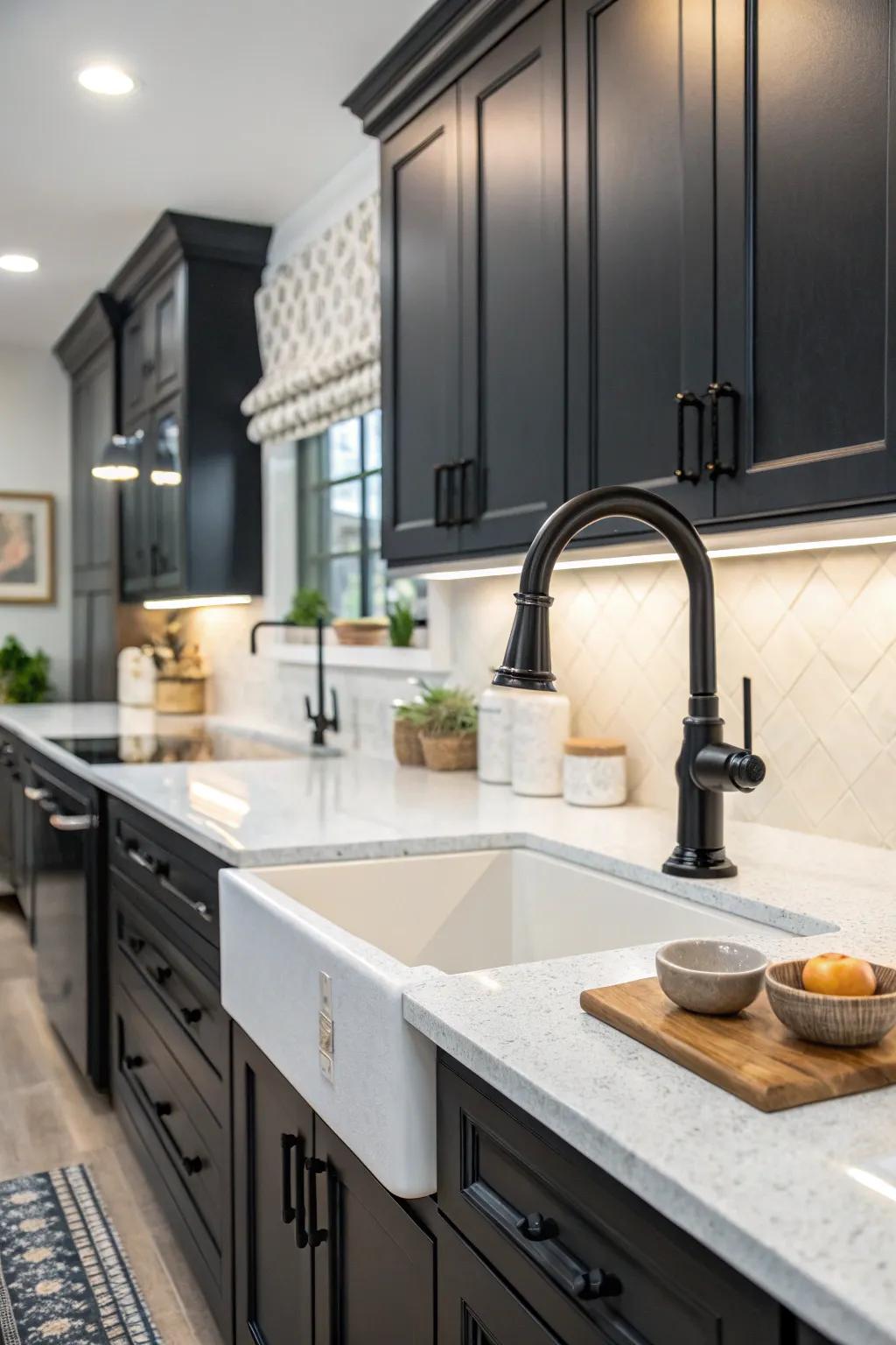 A dark toned faucet stands out against dark cabinets and light surfaces for dramatic effect.