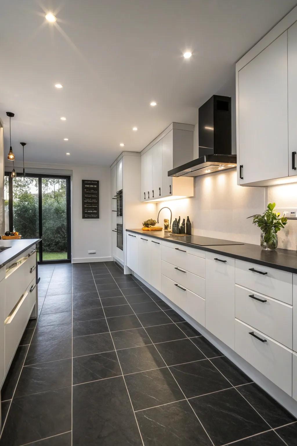 A stylish kitchen with dark floor tiles for a soft look.