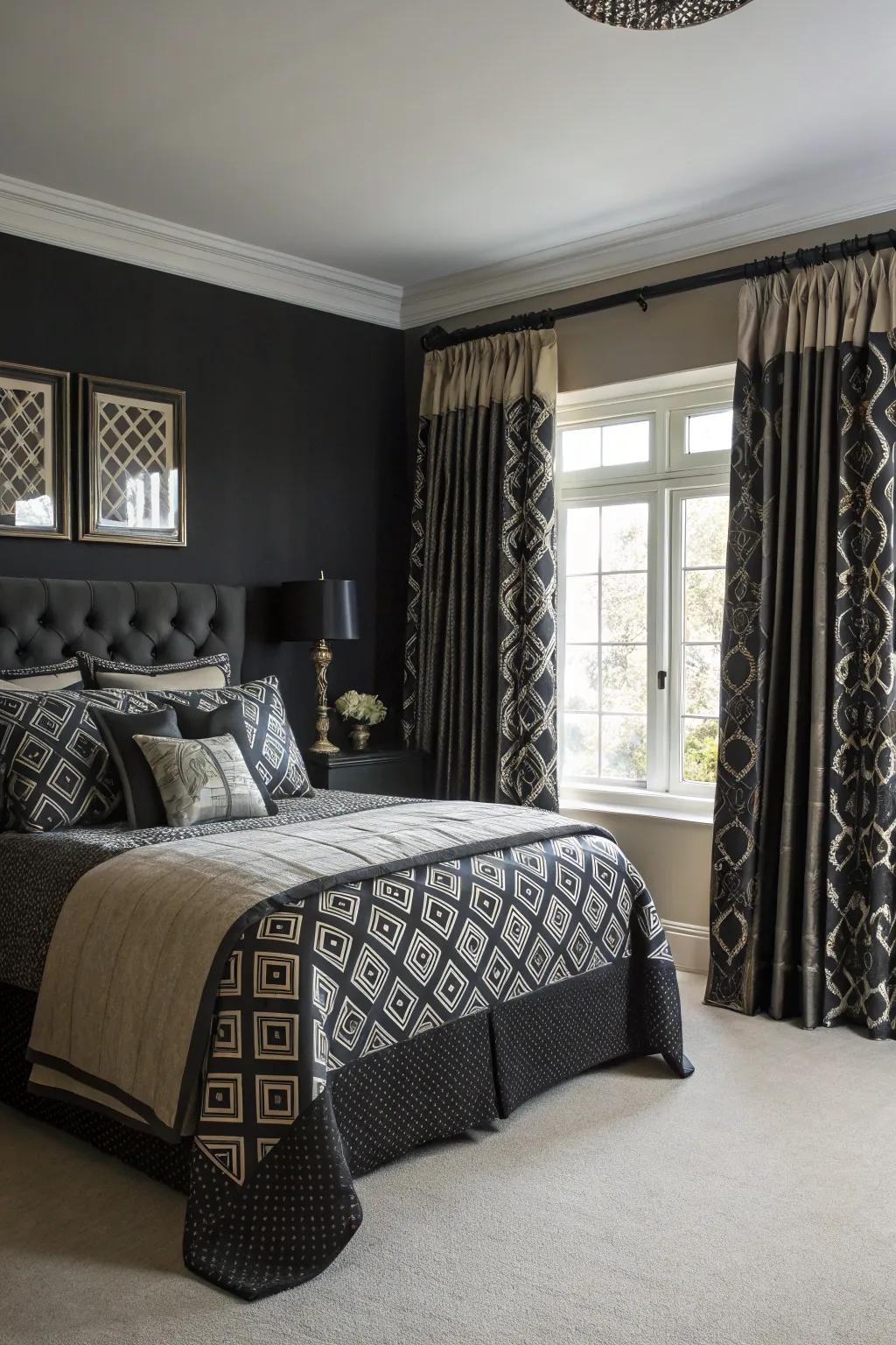 Mixing patterns can add depth to a monochromatic room.