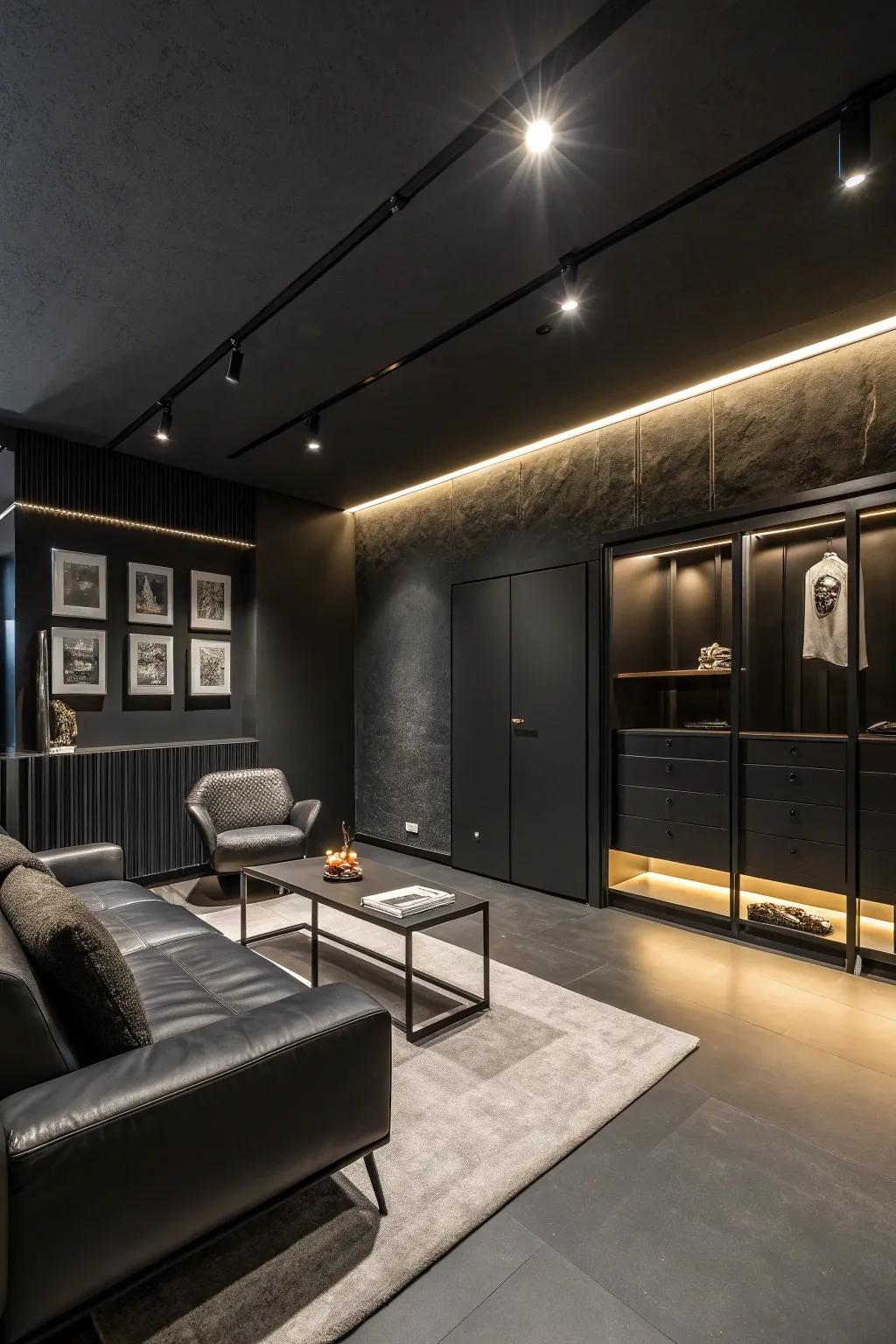 Functional and aesthetic elements balance a dark room.