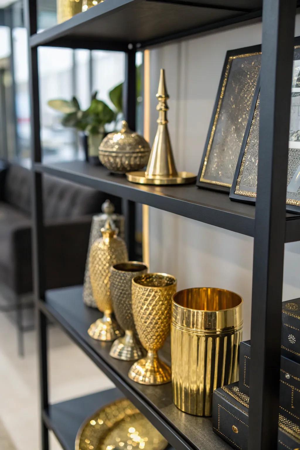 Metallic decor items adding shine to a black shelf.