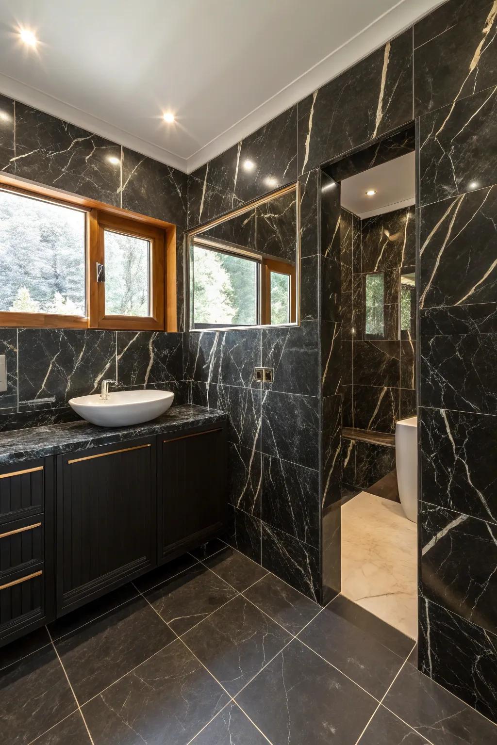 Dark quartz panels bring timeless elegance to this bathroom.