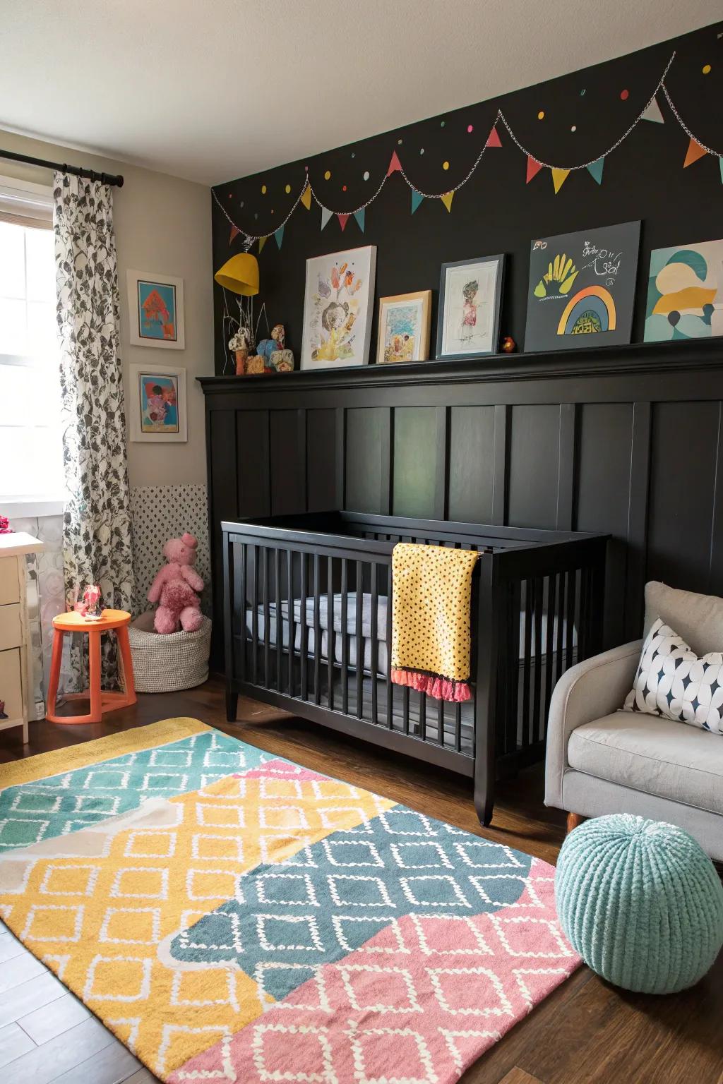 A stylish nursery featuring modern black wainscoting.