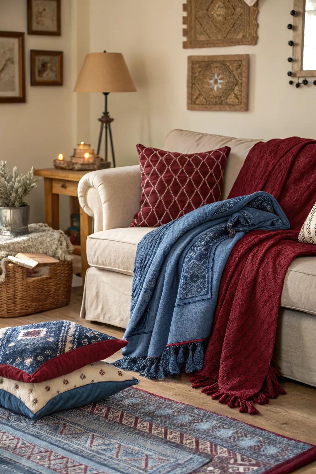 Layered fabrics in sapphire and wine add texture and warmth.