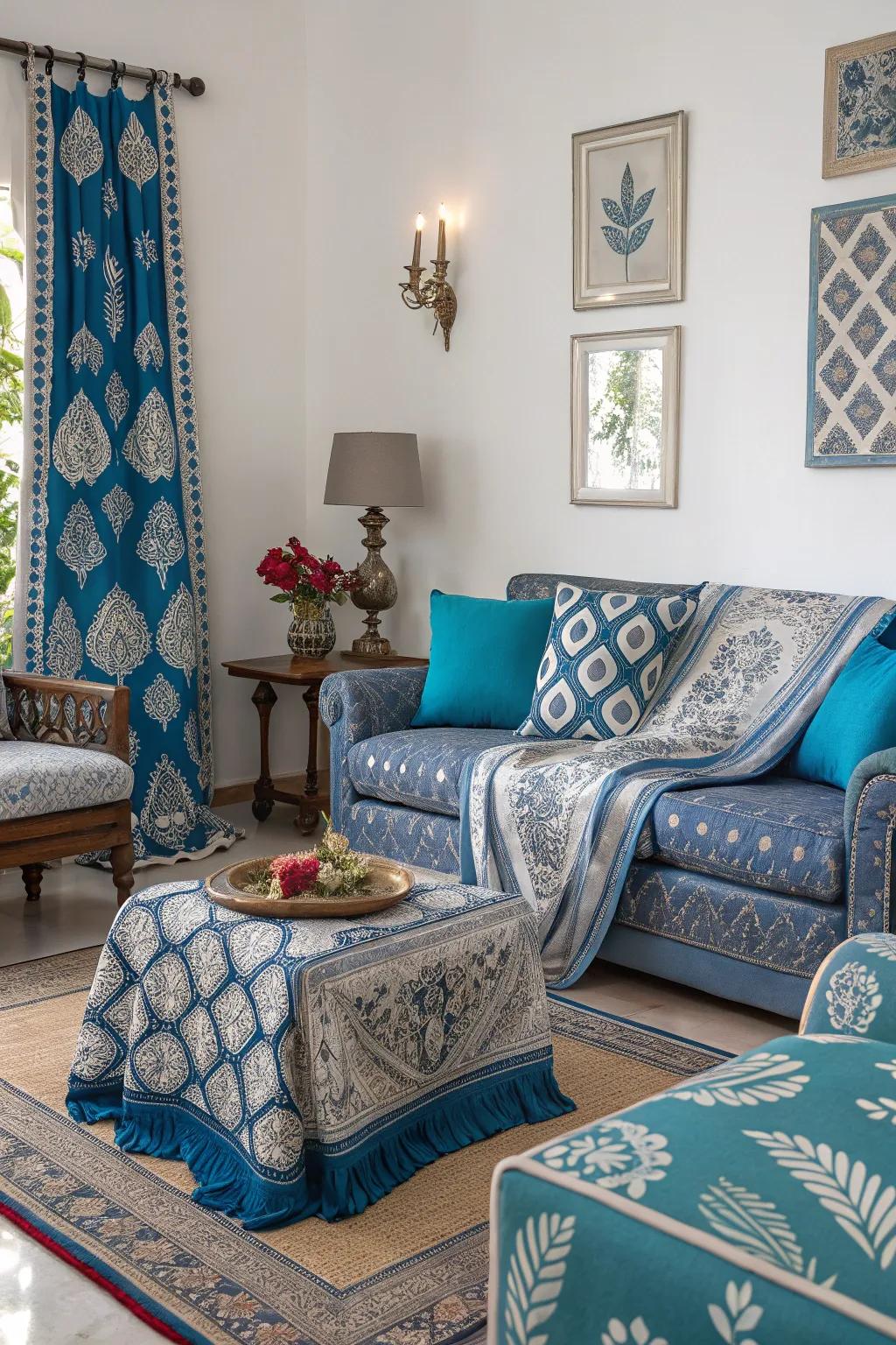 Indigo patterns with silver accents bring vibrancy to this sophisticated living room.