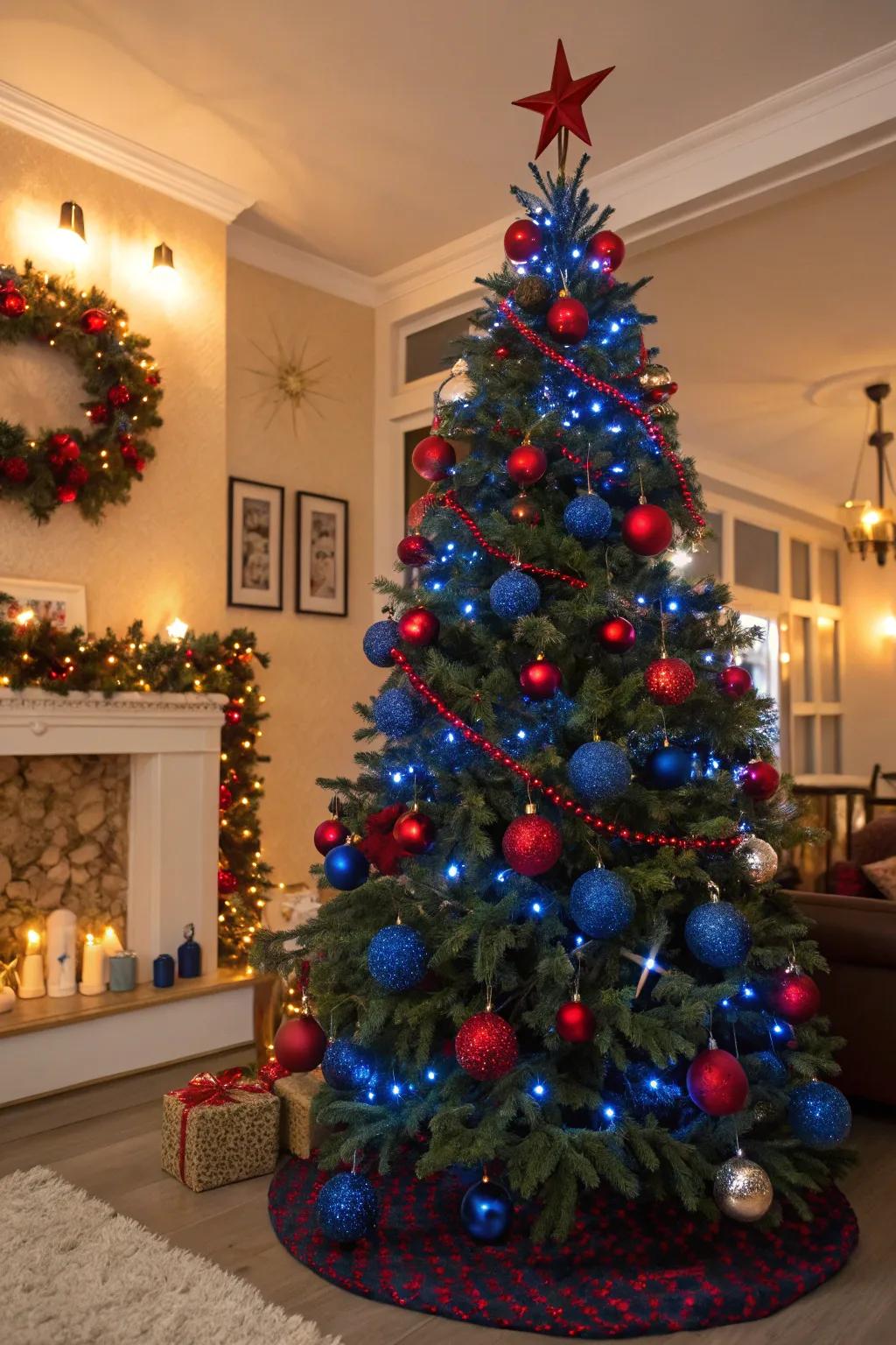 A daring and vibrant azure and crimson Christmas tree.