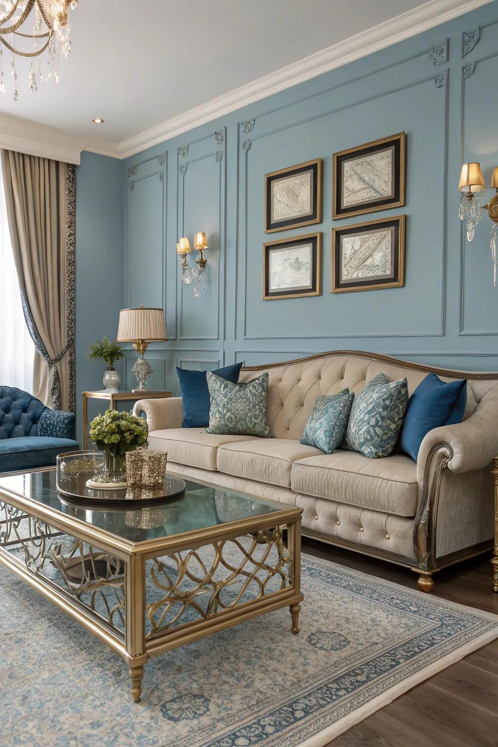Shiny touches enhance the blue-themed living room with a touch of glamour.