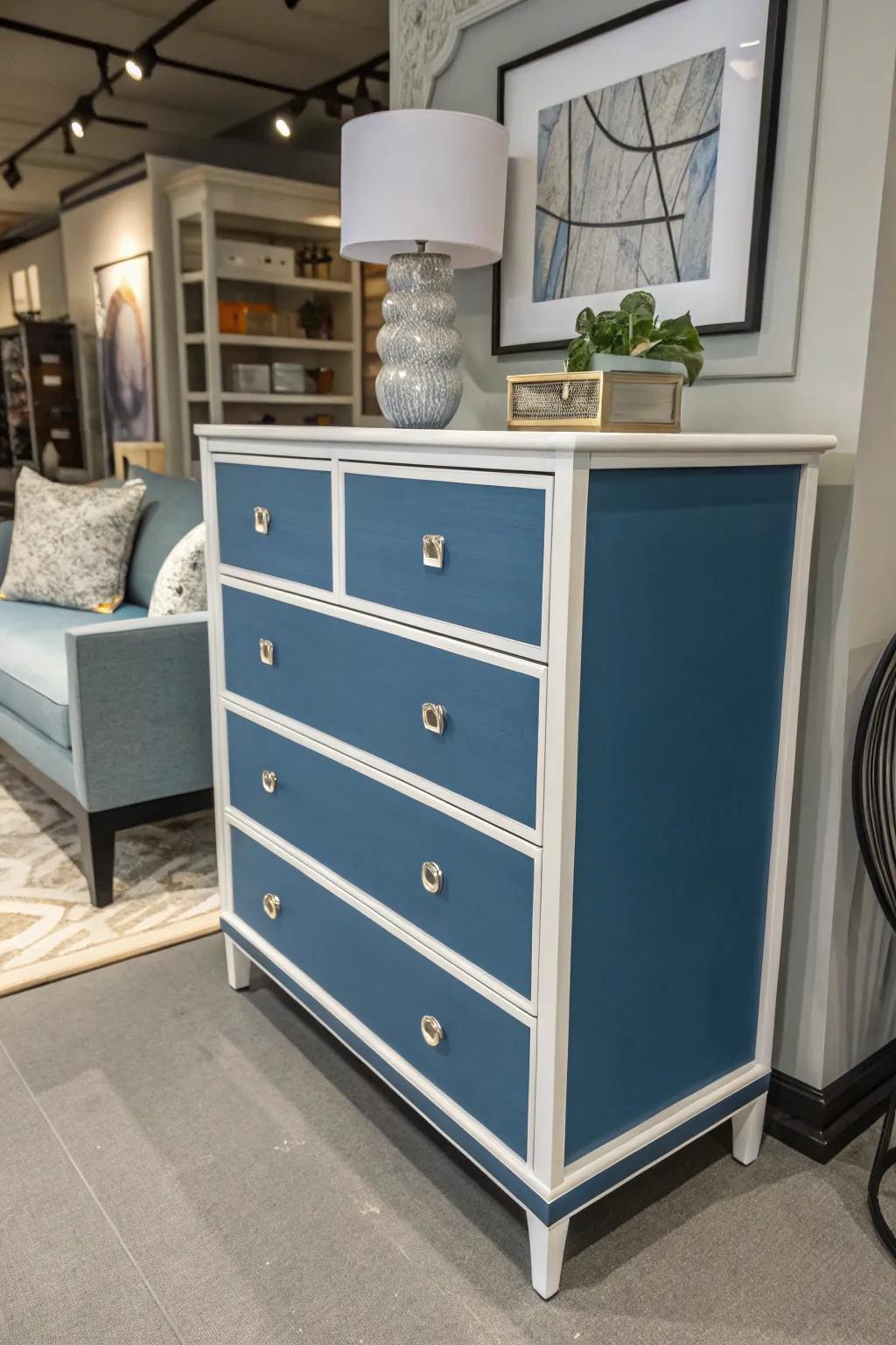 A blue dresser with white highlights providing a timeless contrast.
