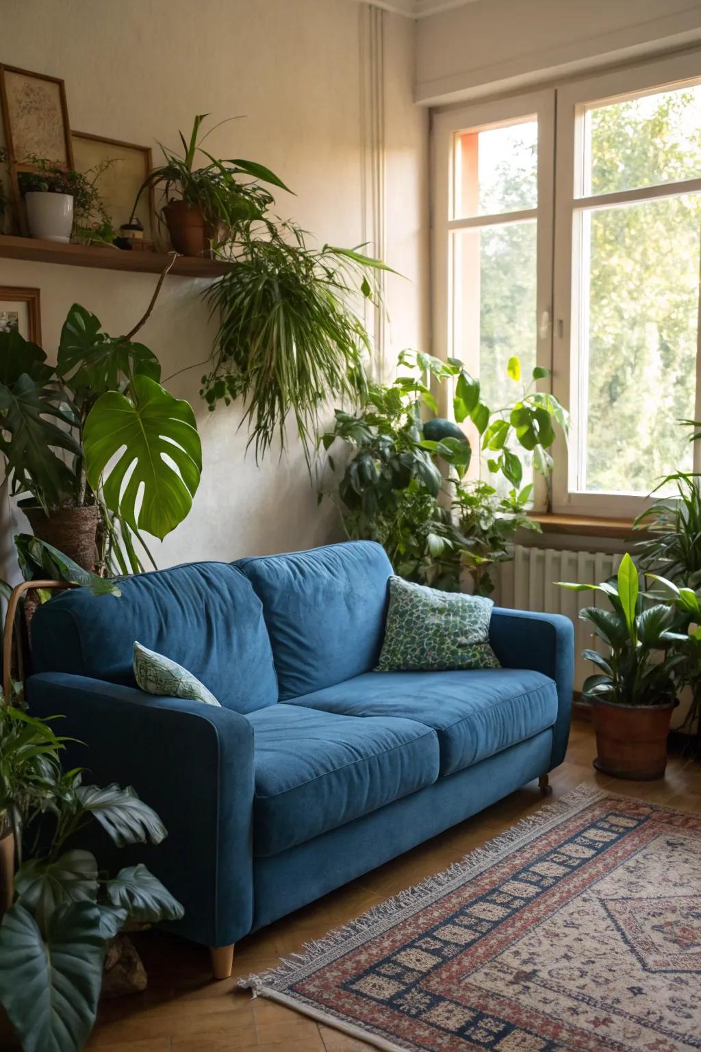 Greenery gives a fresh touch to a blue sofa setup.