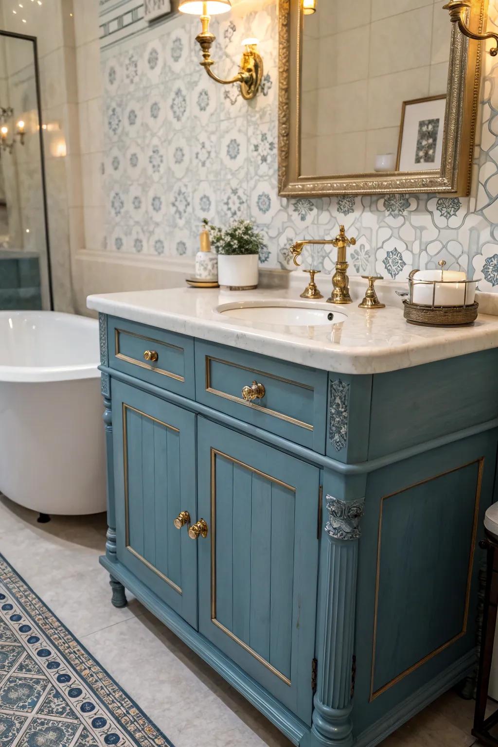 Past era feelings bring timeless charm to a blue sink unit.