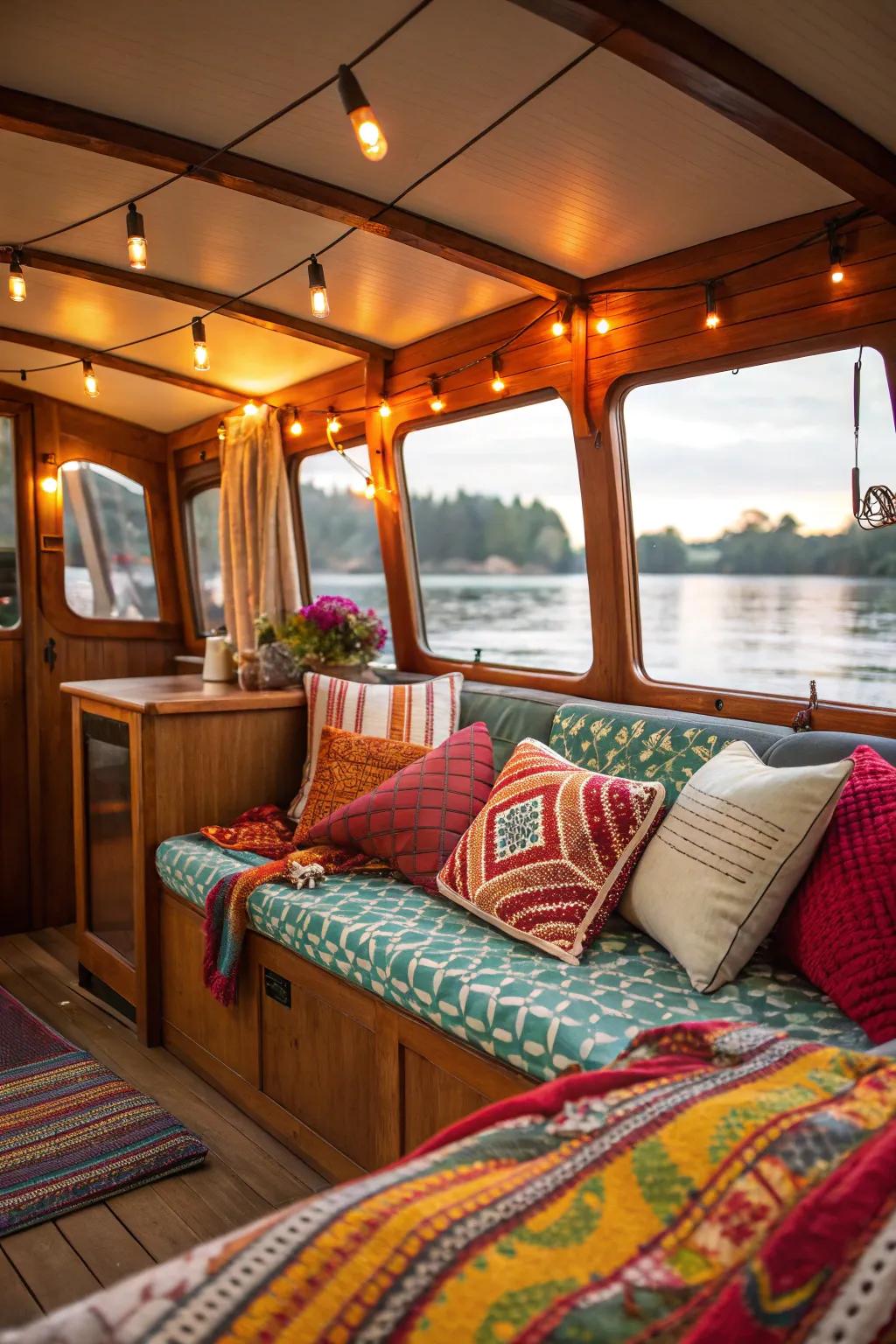 A dash of color brightens the cabin's atmosphere.