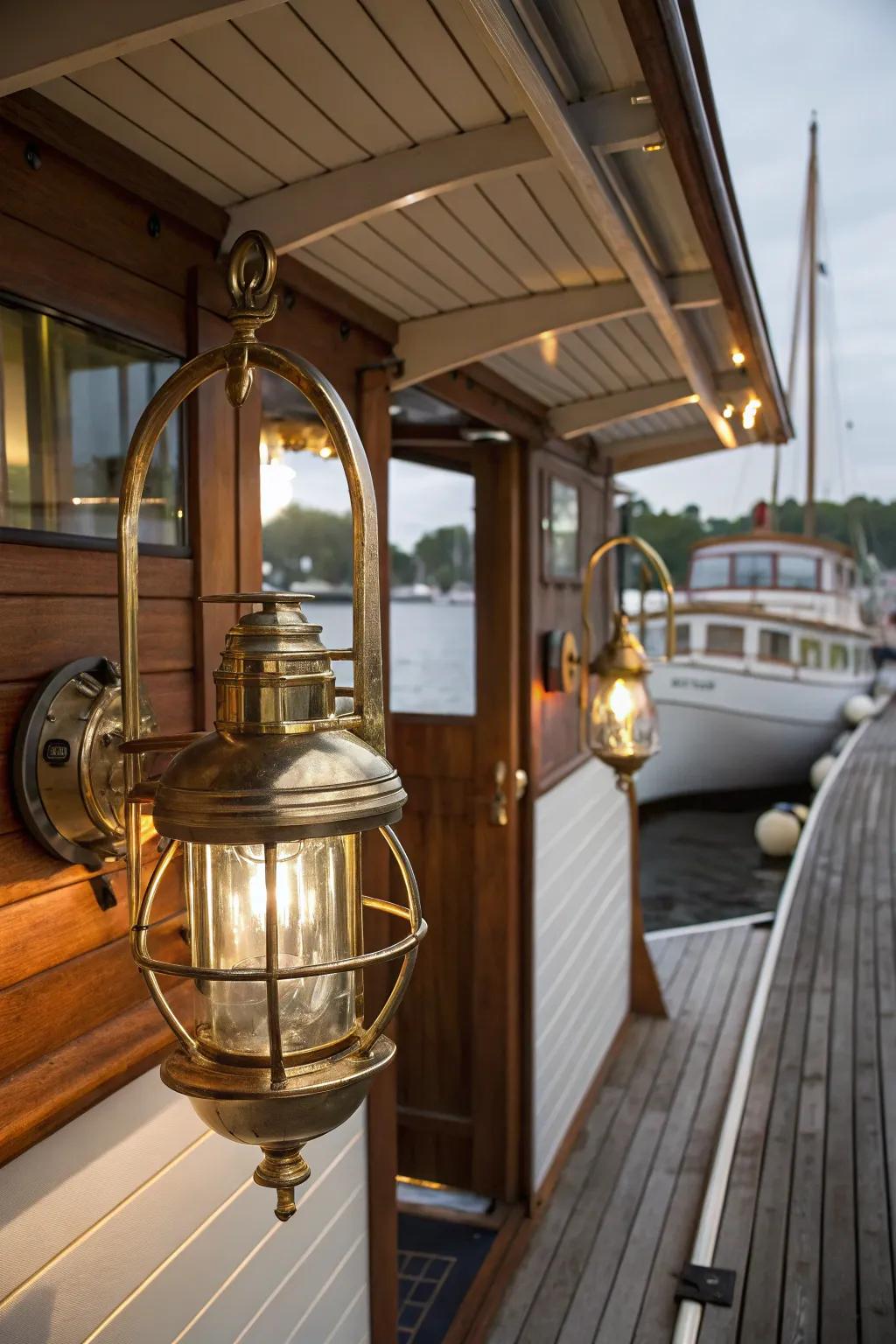 Maritime brass fixtures contribute an elegant and resilient touch to the boat house.