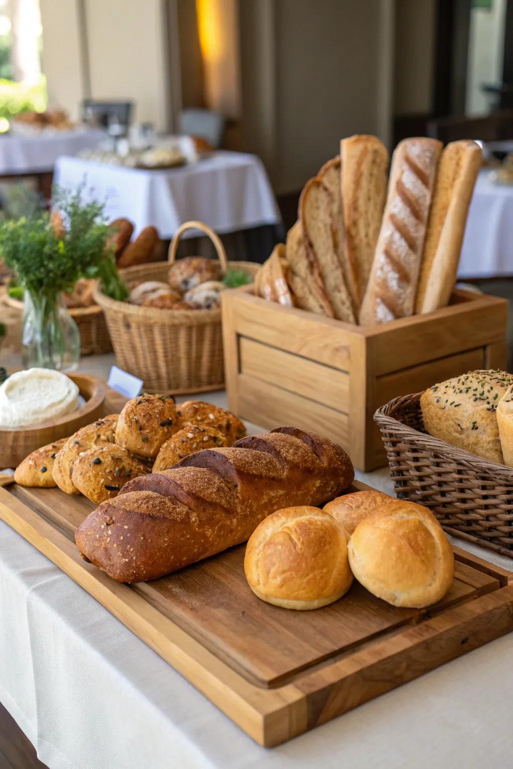 A rustic display of artisan breads acts as a delicious centerpiece.