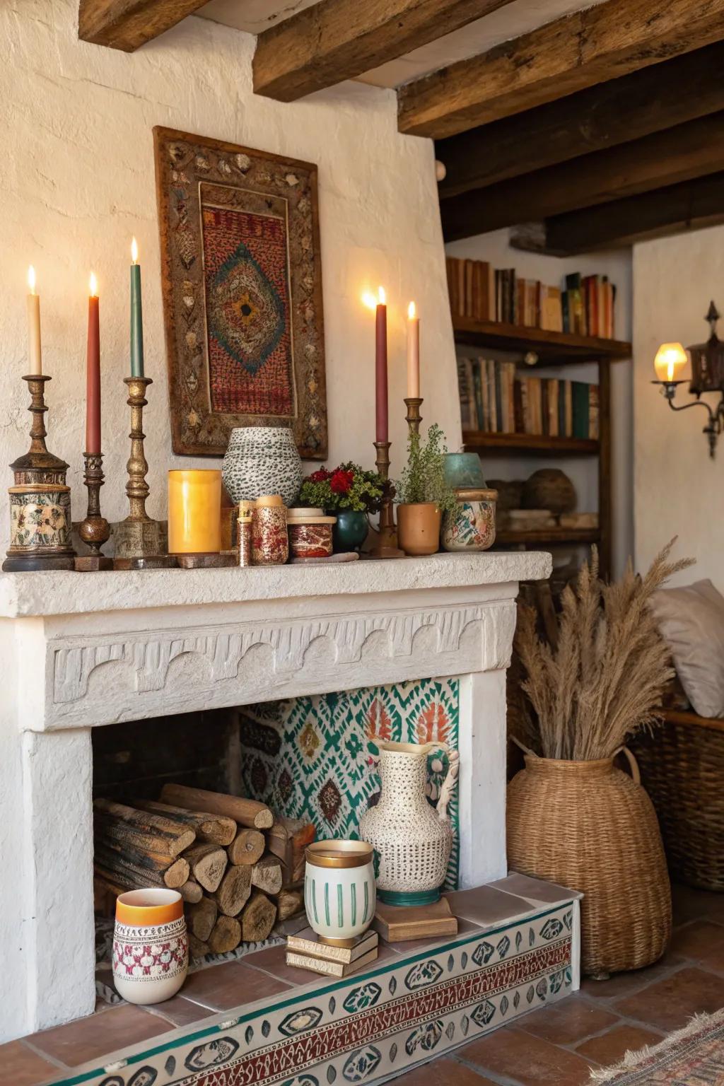 An artfully arranged display of decorative objects on a bohemian-style fireplace.