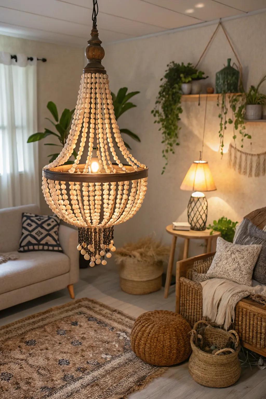 A timber bead light fixture adding countryside elegance to a living area.