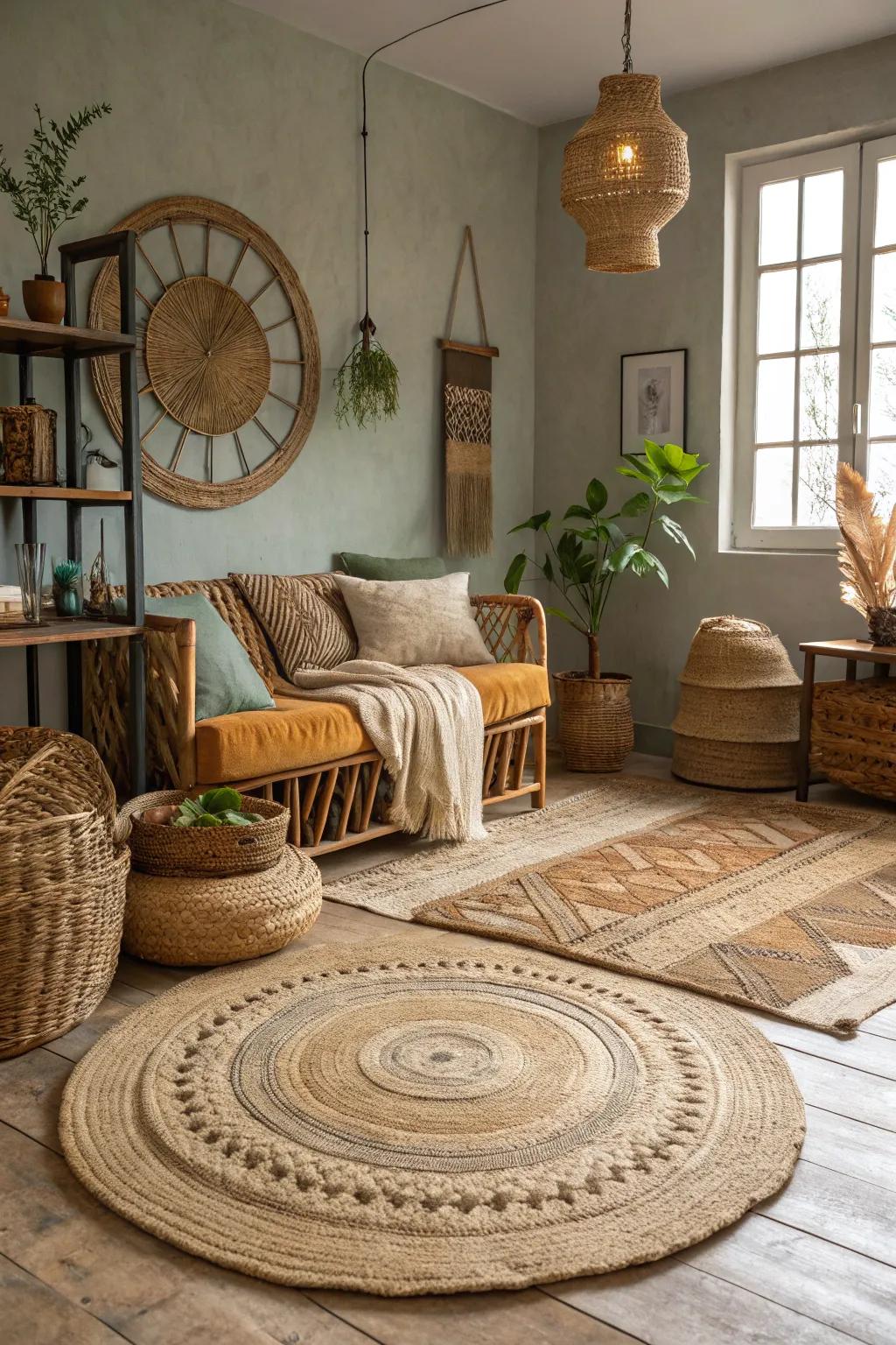Natural fiber floor coverings ground your boho loft with earthy textures.