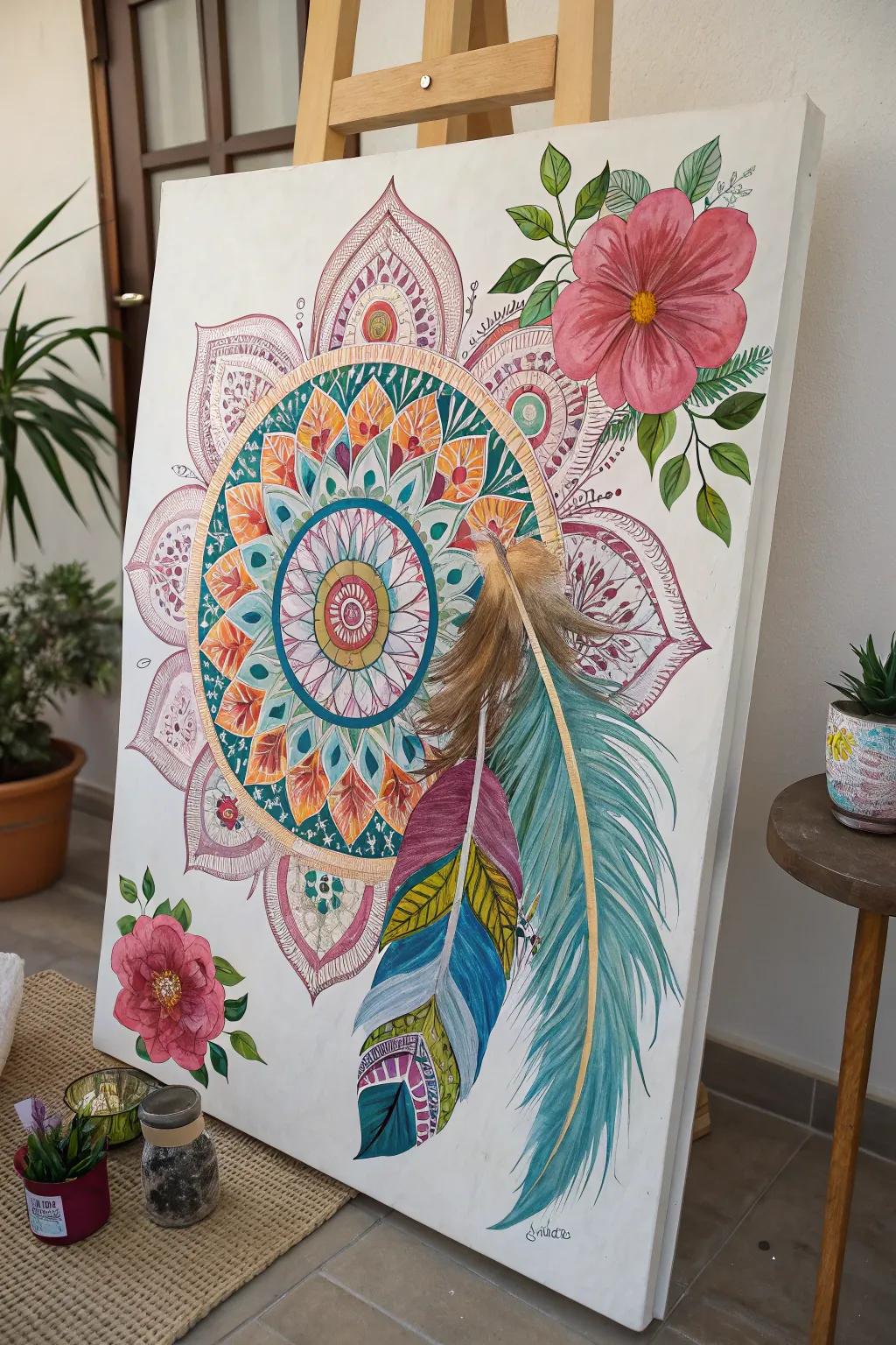 A boho-style painting that combines many components into a stunning visual design.