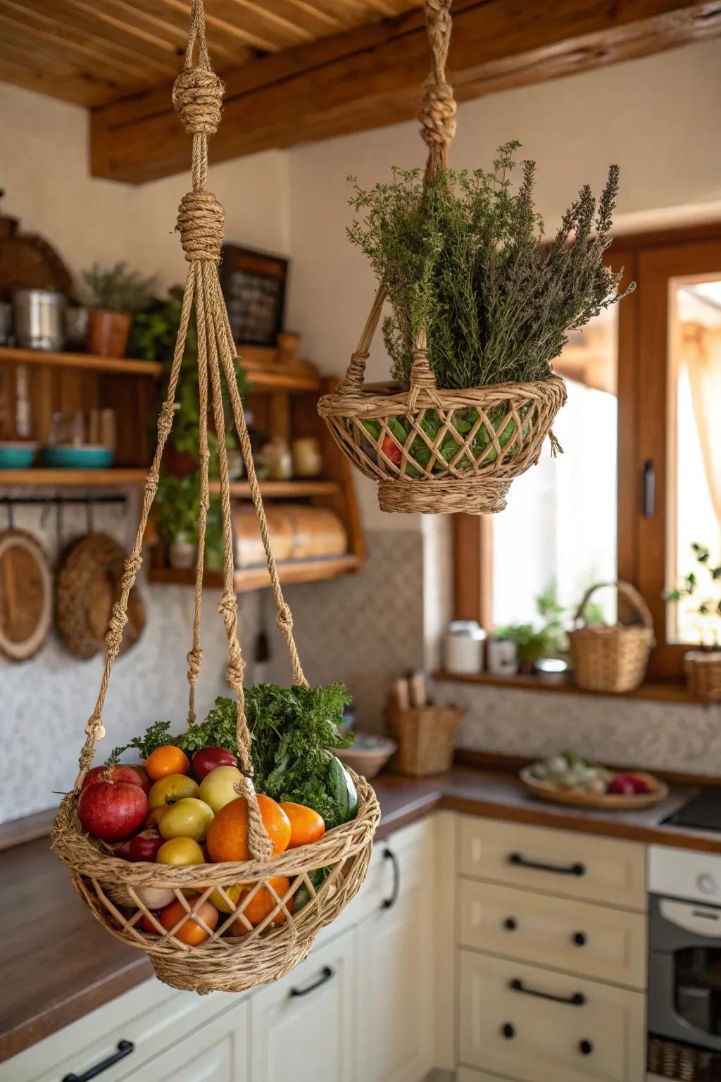 Hanging baskets offer practical and stylish storage.