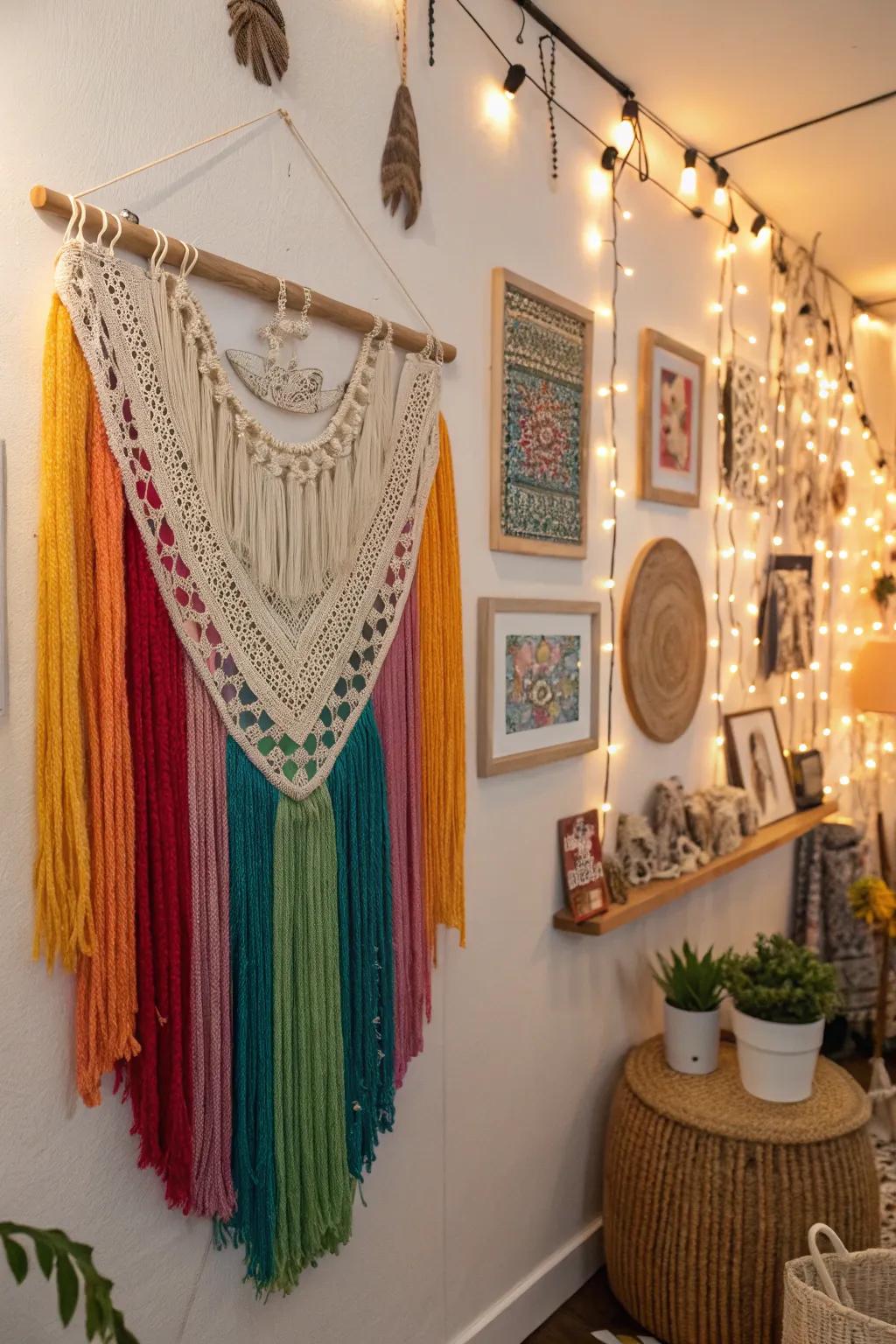 This wall is enhanced with bohemian flair and texture thanks to macramé and fringe.