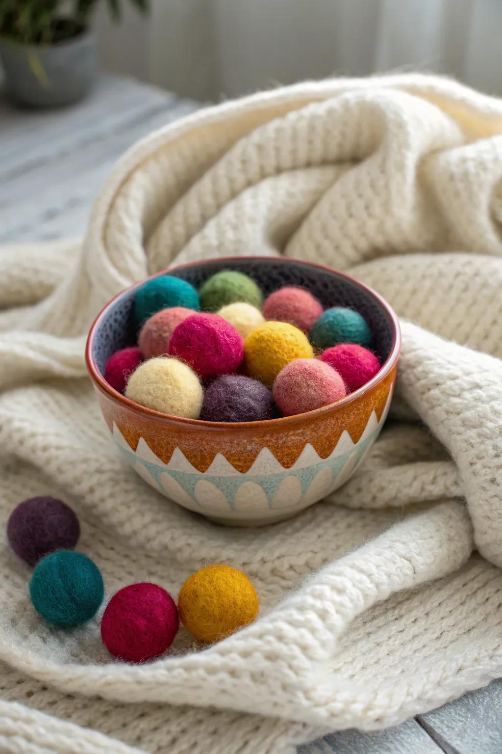 A bowl filled with felted wool balls in various colors