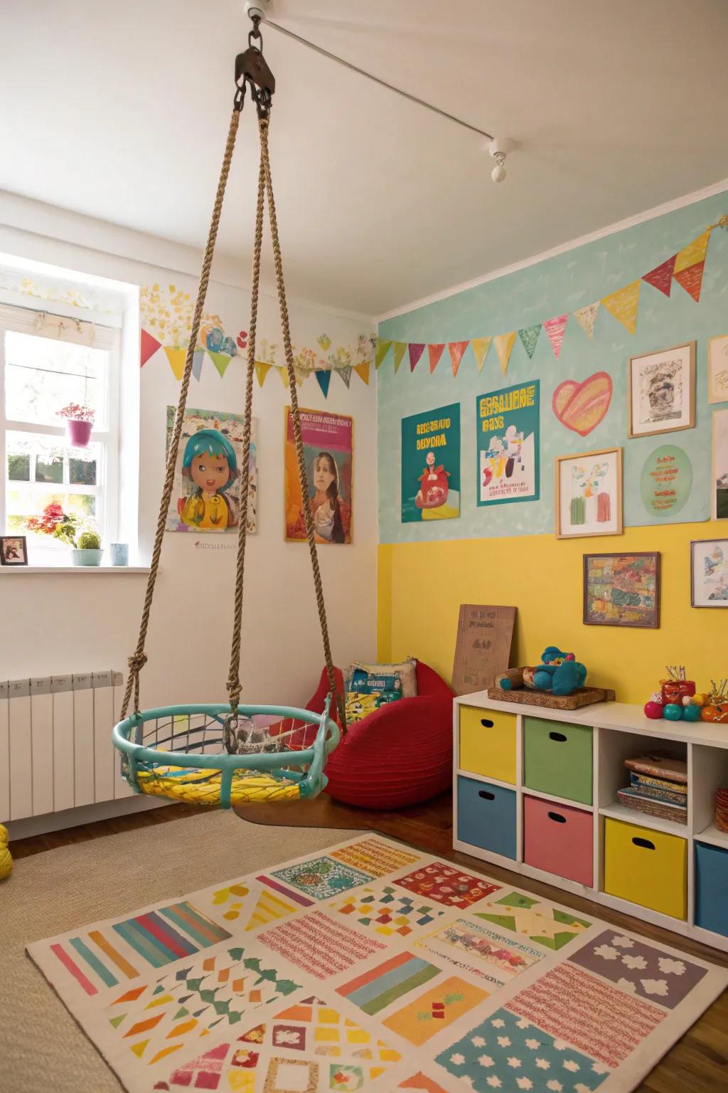 An indoor swing that contributes enjoyment and relaxation to the playroom.