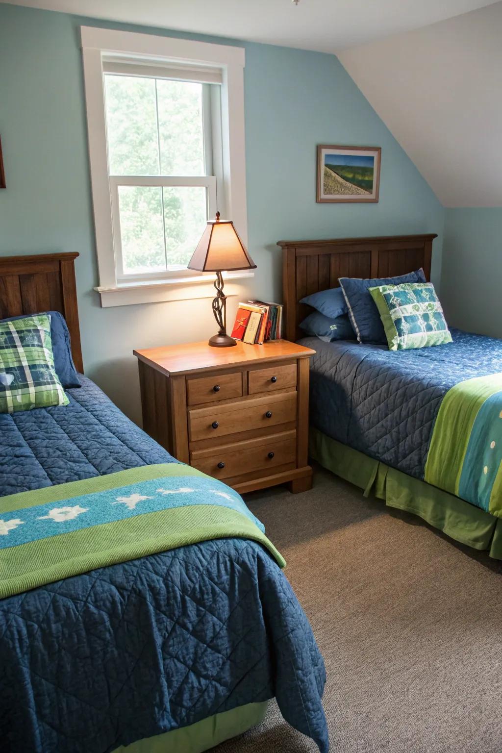 A shared nightstand promotes a sense of togetherness.