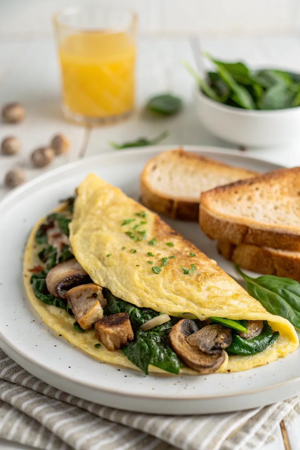 A classic omelet stuffed with fresh spinach and fungi.