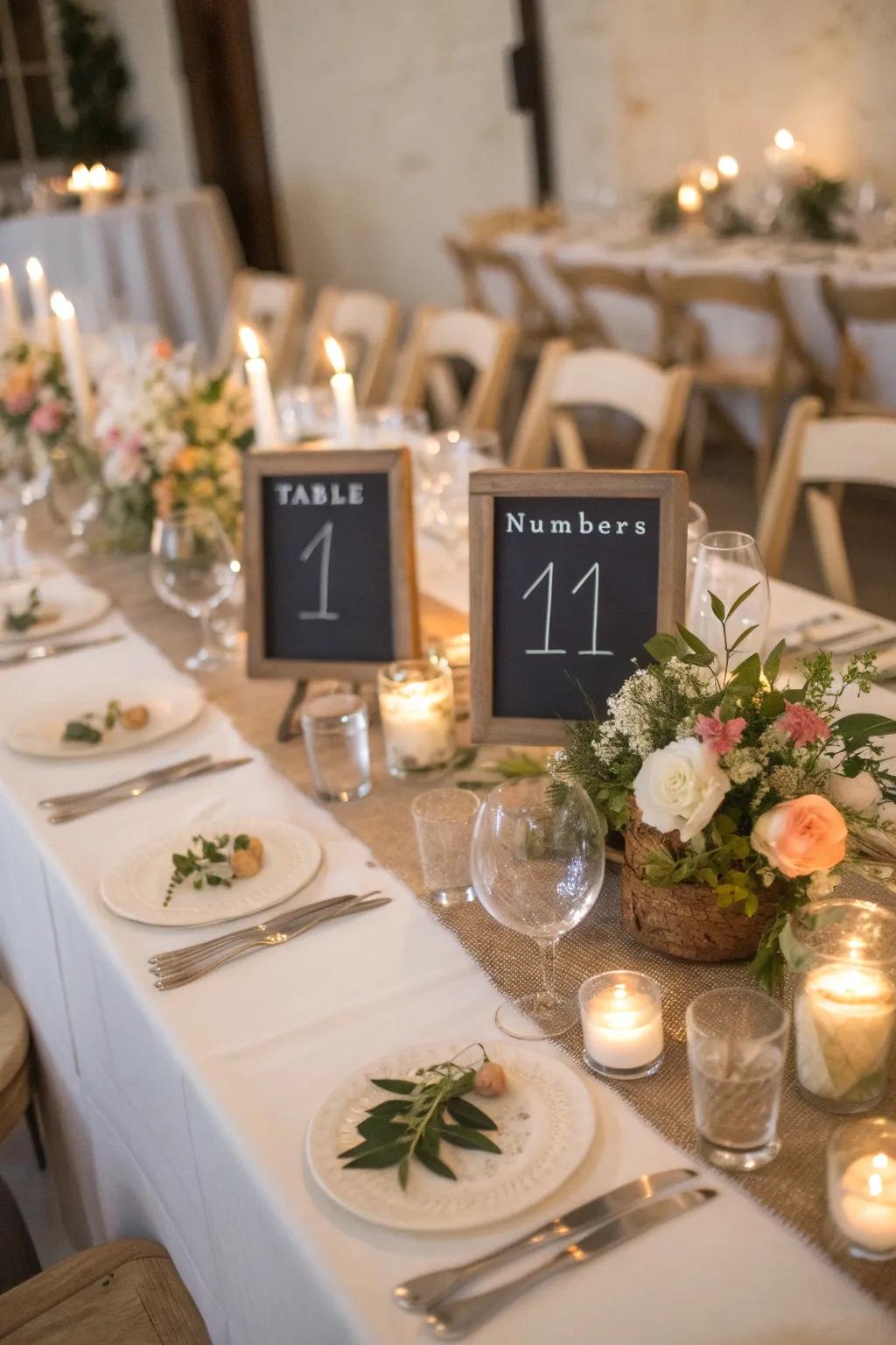 Chalkboard table numbers add a personalized touch to seating arrangements.