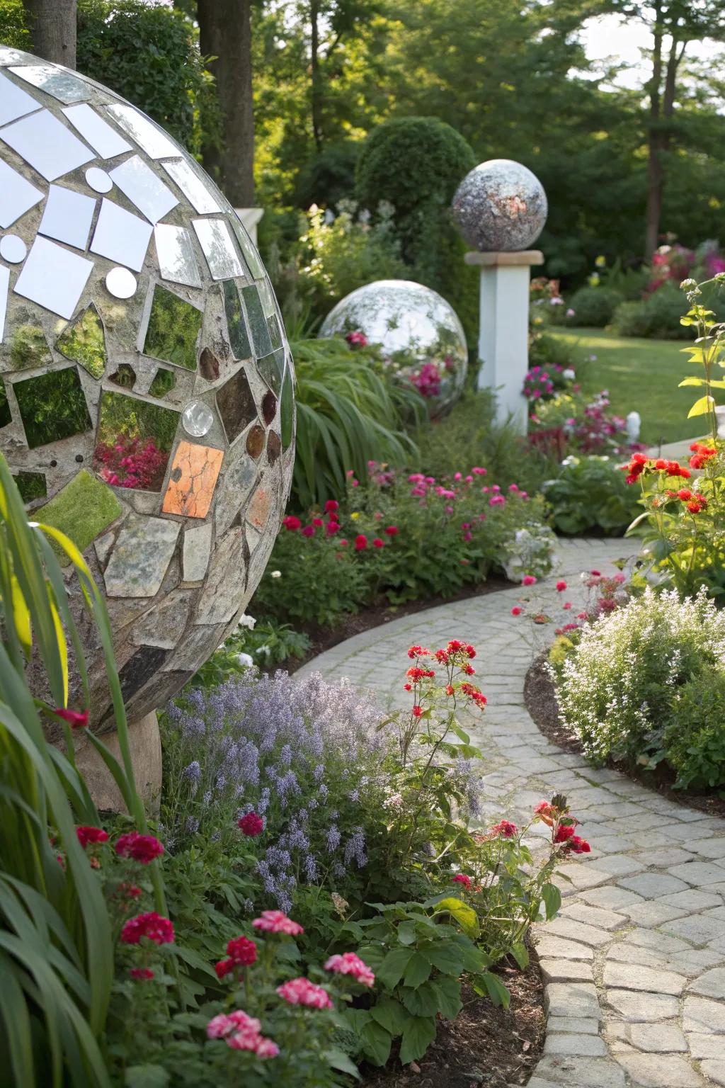 Mirror art enhances the garden.