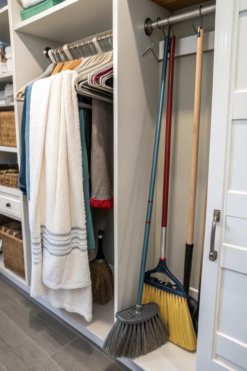 Conceal cleaning equipment using concealed towel bars in closets.