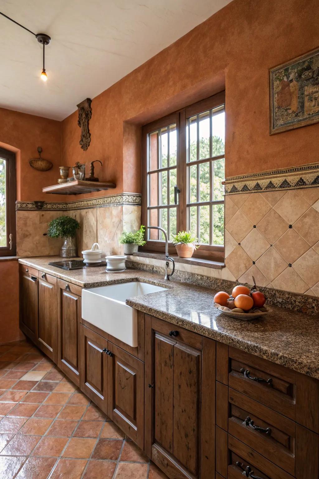 With brown granite, terracotta walls evoke warmth and rustic charm.