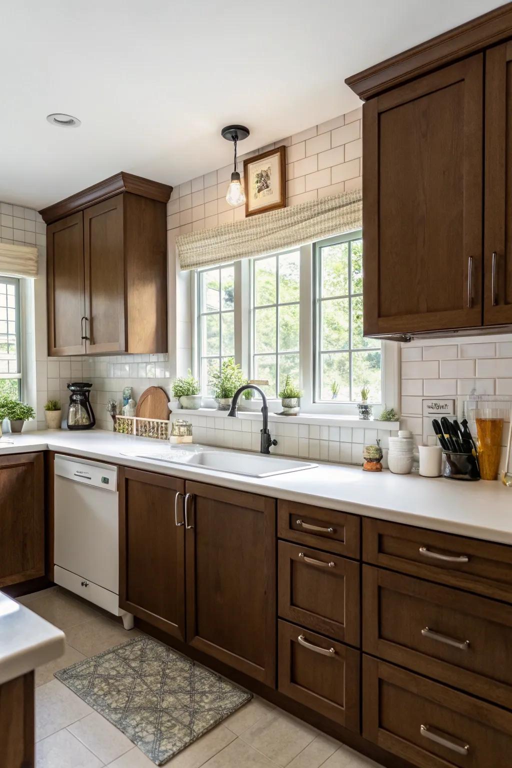 Crisp alabaster elements deliver a refreshing contrast to sienna.