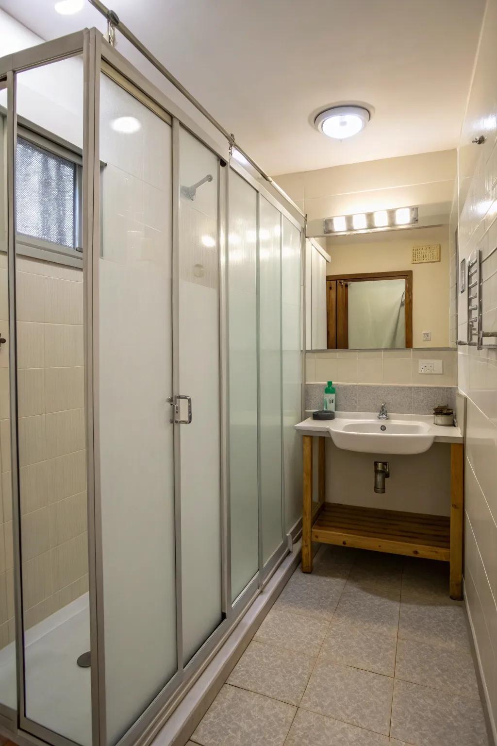 This compact bathroom features transparent dividers for optimal space usage.