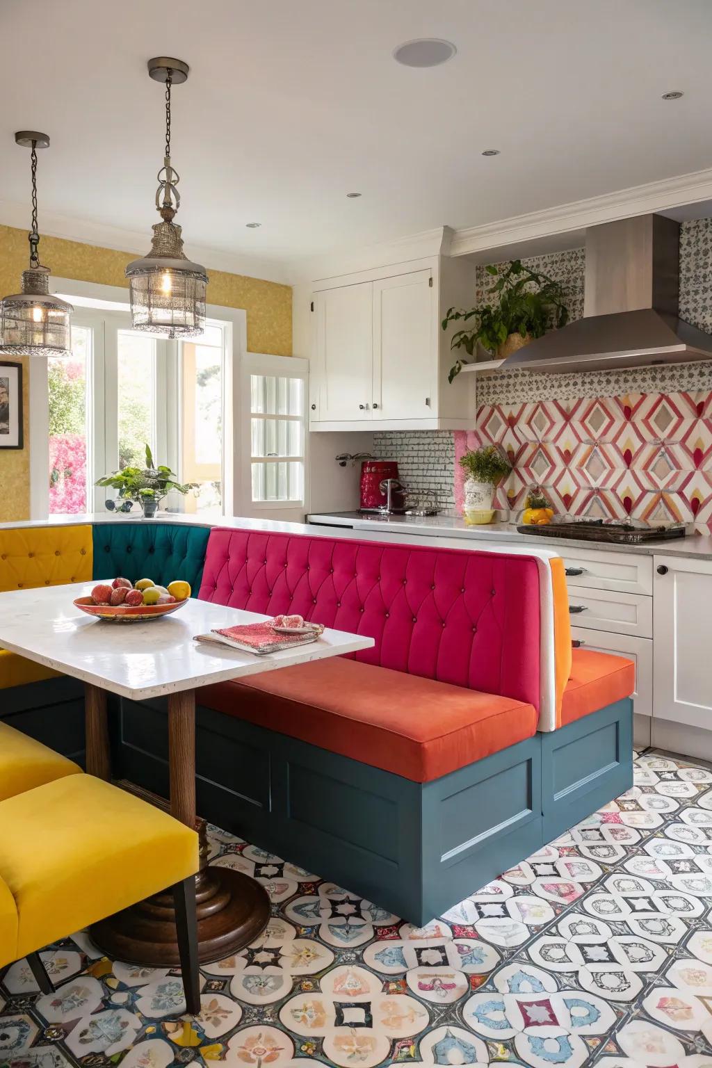 Eye-catching shades on banquette seating for a lively kitchen atmosphere.