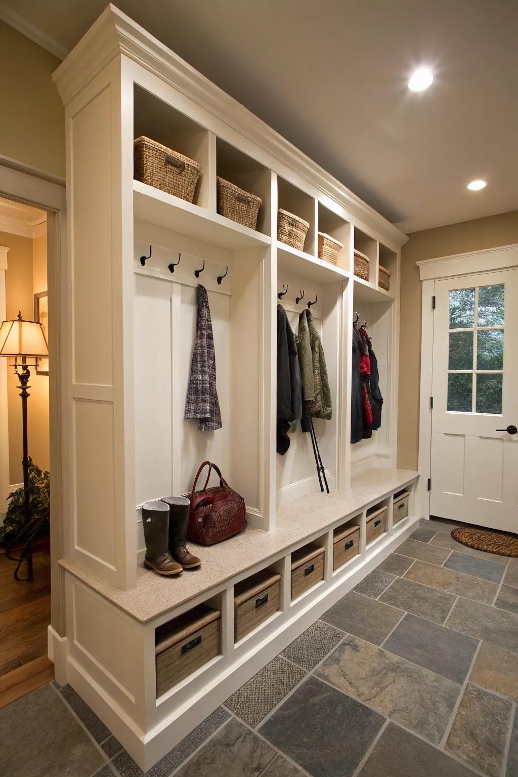 A mudroom transformed using custom storage units.