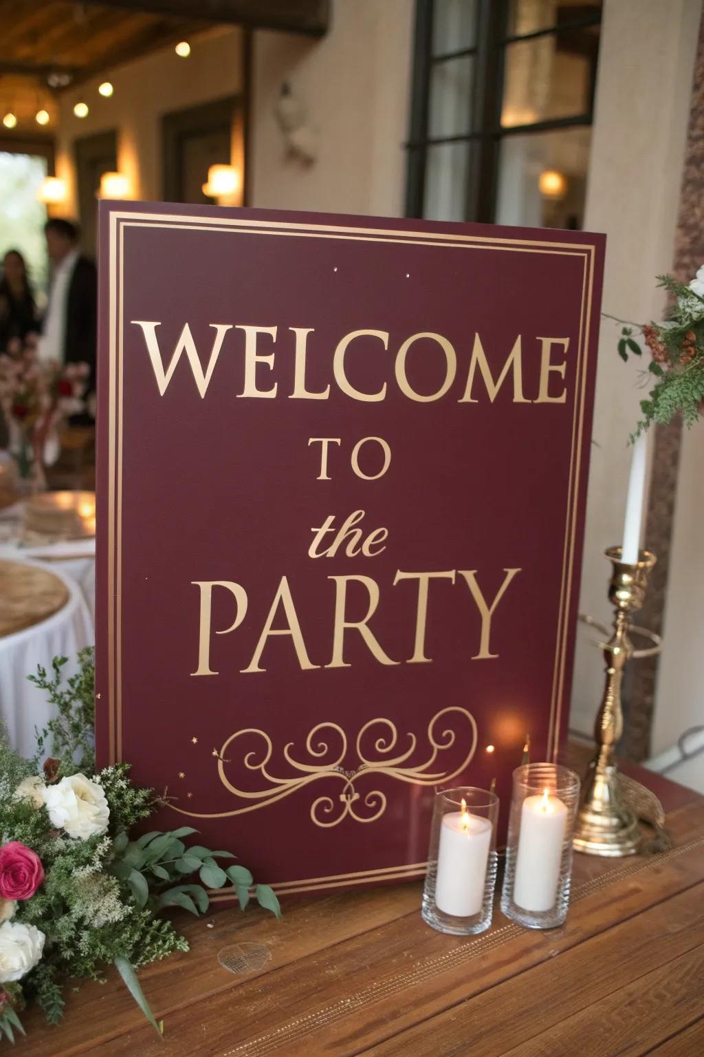 Personalized signage in red and gold offers a warm welcome to guests.