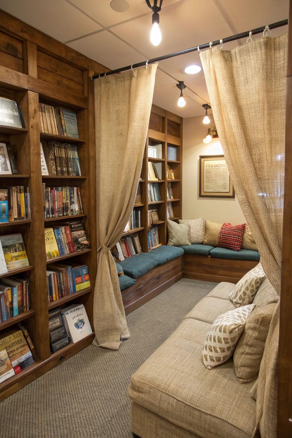 Cozy appeal with material drapes in a reading nook.