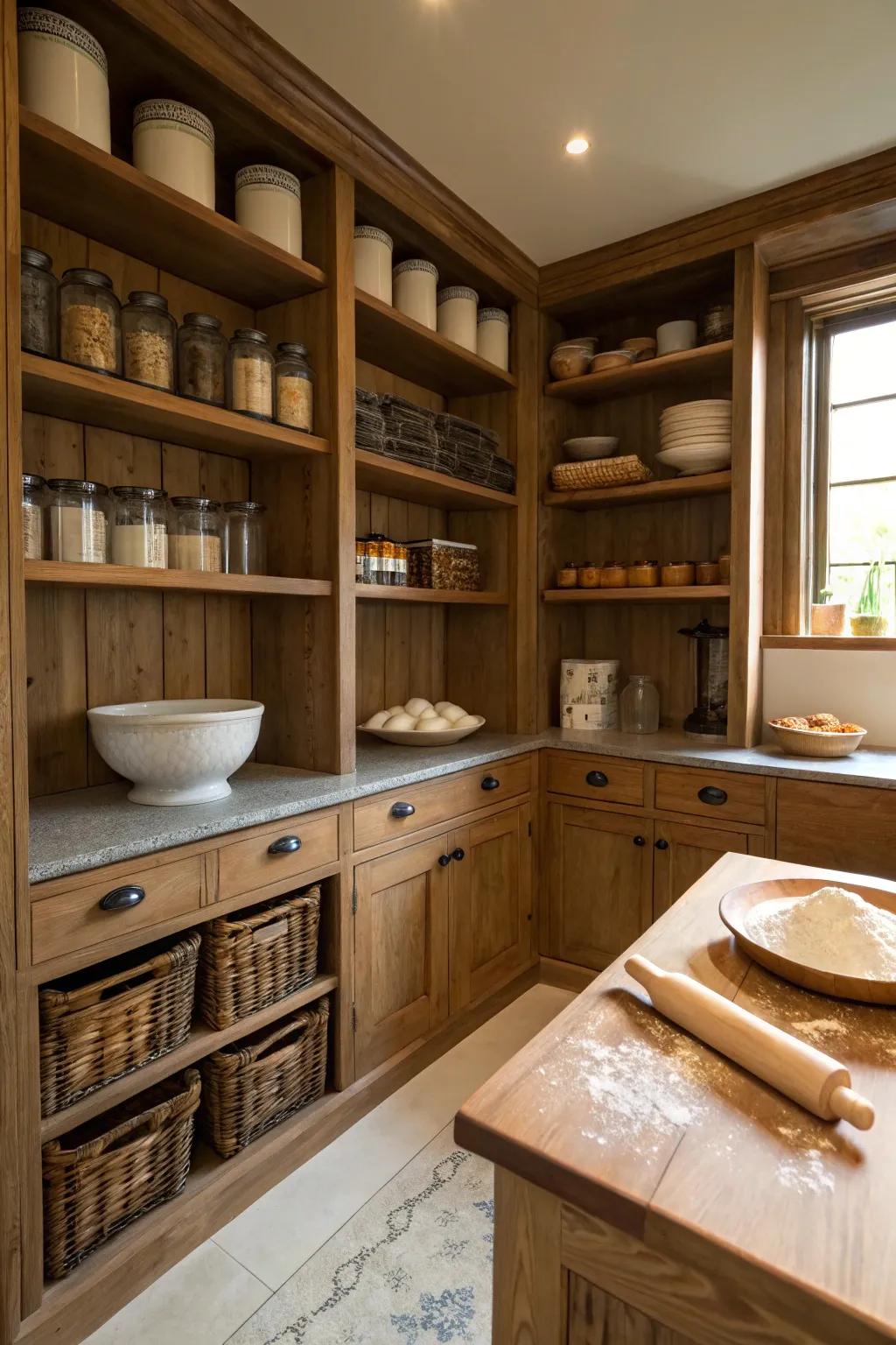 A cozy butler's pantry with a dedicated baking nook, perfect for home bakers.